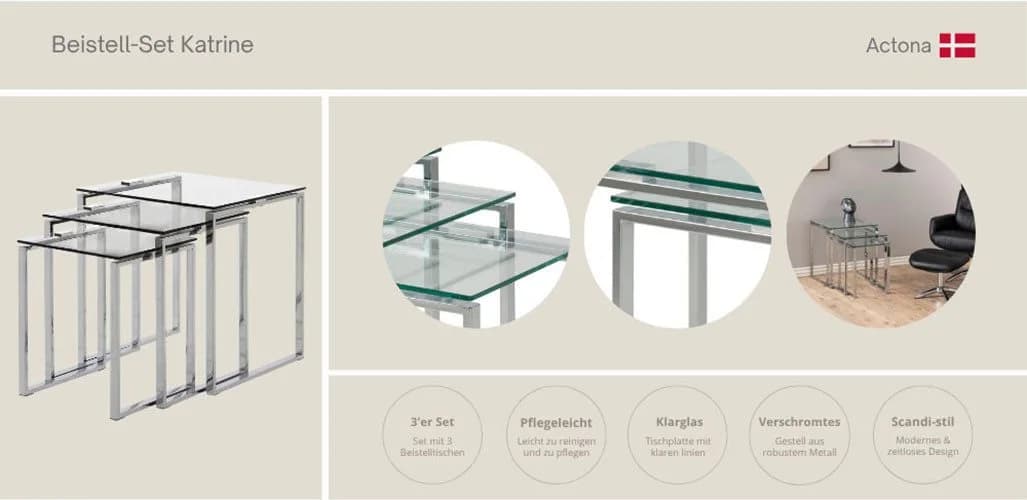 ACTONA GROUP Katrine Beistelltisch-Set 3-tlg. Glas Chrom Modern - Bild 3