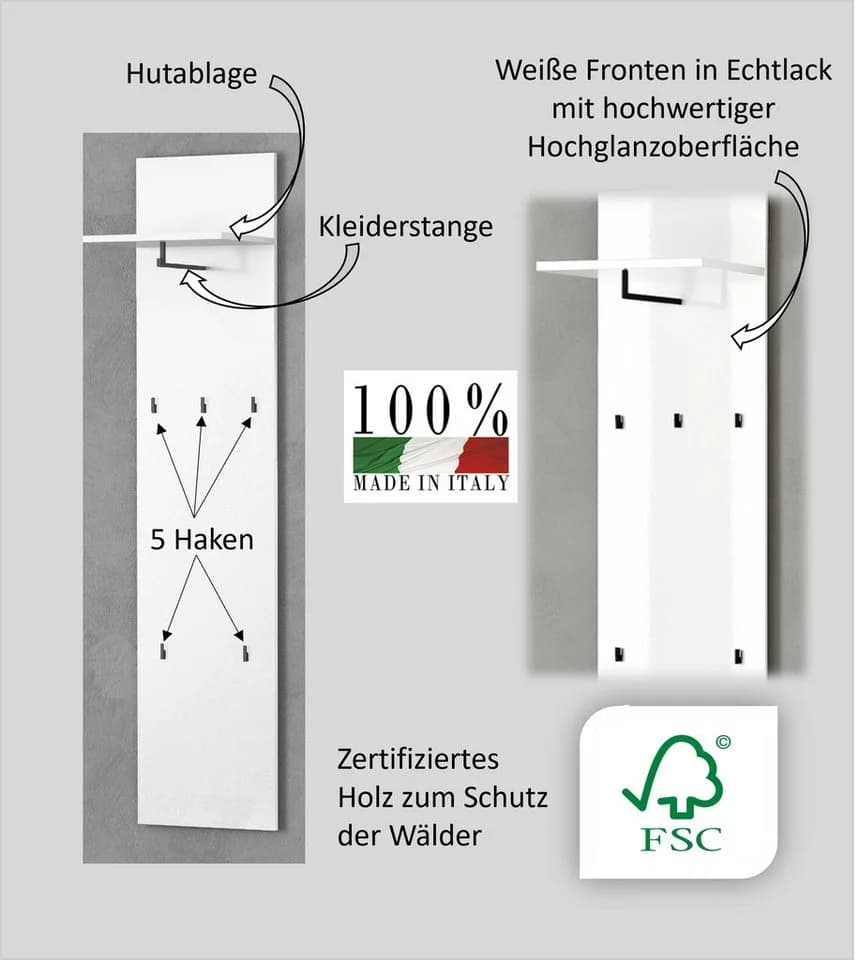 HOME AFFAIRE Garderobenpaneel MISTER Weiß Hochglanz mit 5 Haken - Bild 2