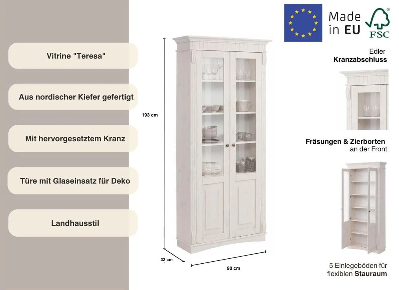 OTTO HOME Vitrine Teresa Weiß Massivholz Kiefer 2 Glastüren - Bild 3