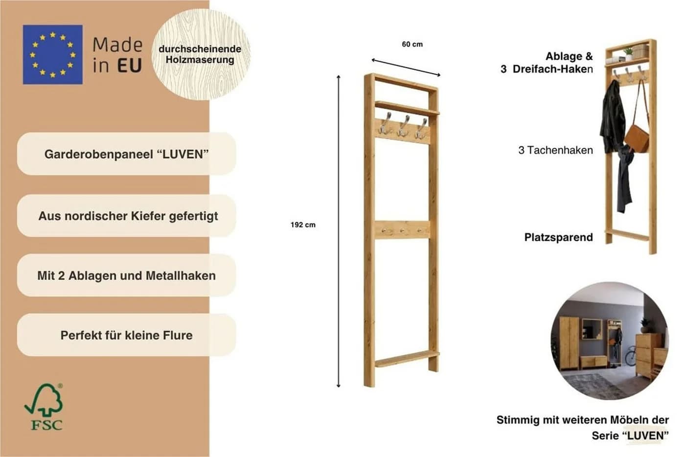 OTTO HOME Luven Garderobenpaneel Massivholz Kiefer Natur - Bild 3