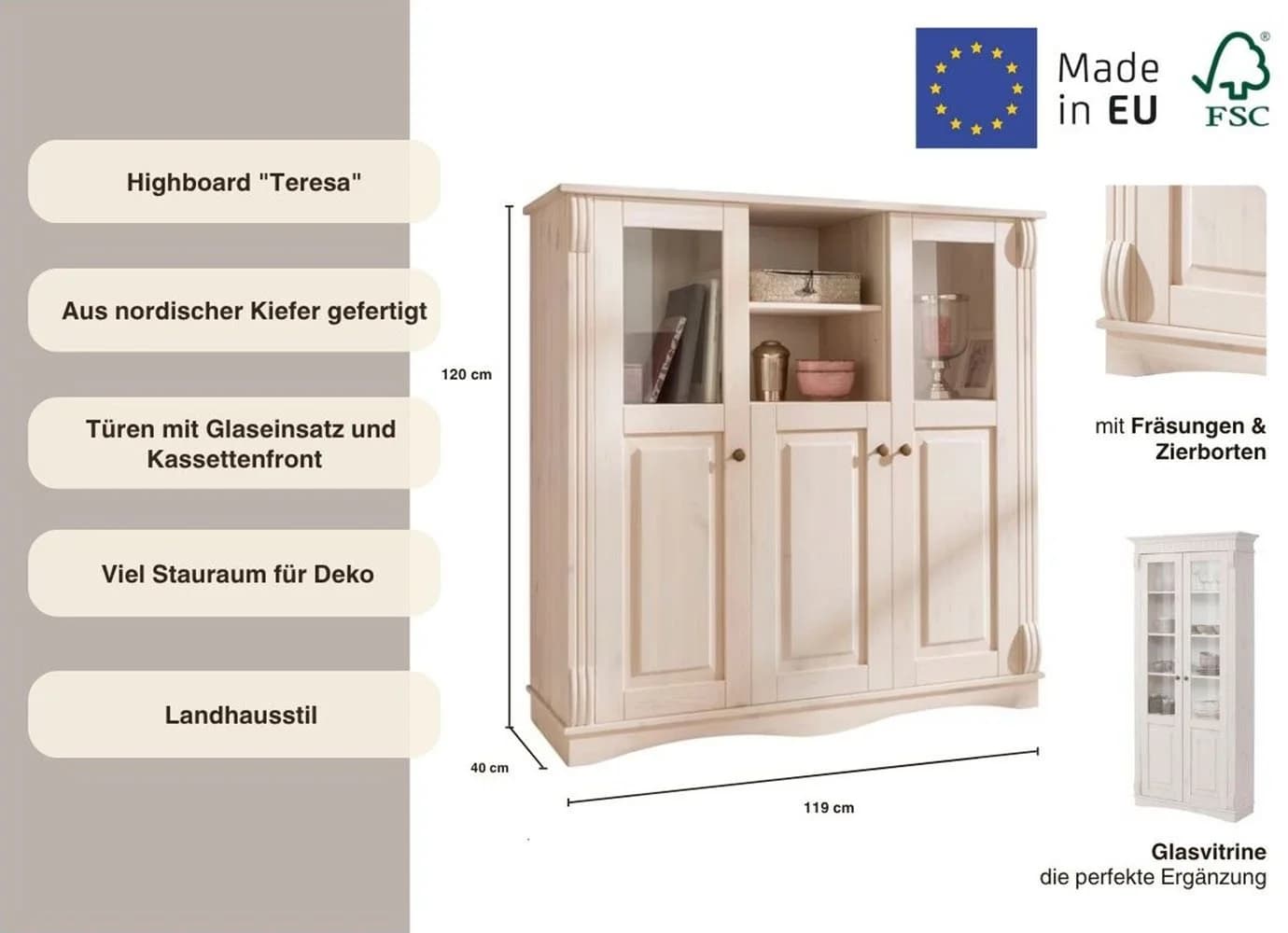 OTTO HOME Highboard Teresa Weiß Massivholz Kiefer FSC - Bild 3