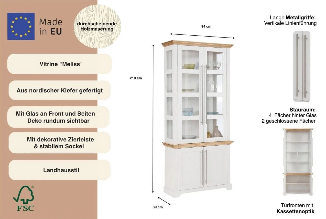OTTO HOME Vitrine Melissa Weiß/Honigfarben Massivholz Kiefer - Bild 3