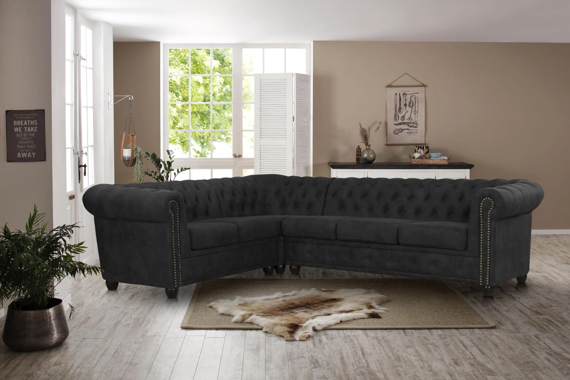 HOME AFFAIRE Chesterfield-Sofa Rysum L-Form Anthrazit Microfaser