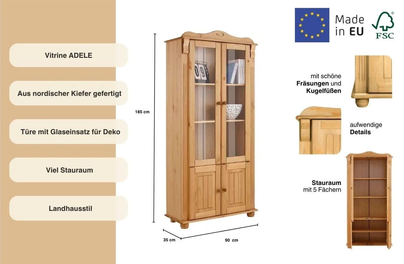 OTTO HOME Vitrine Adele 4-türig Beige Massivholz Landhausstil - Bild 3