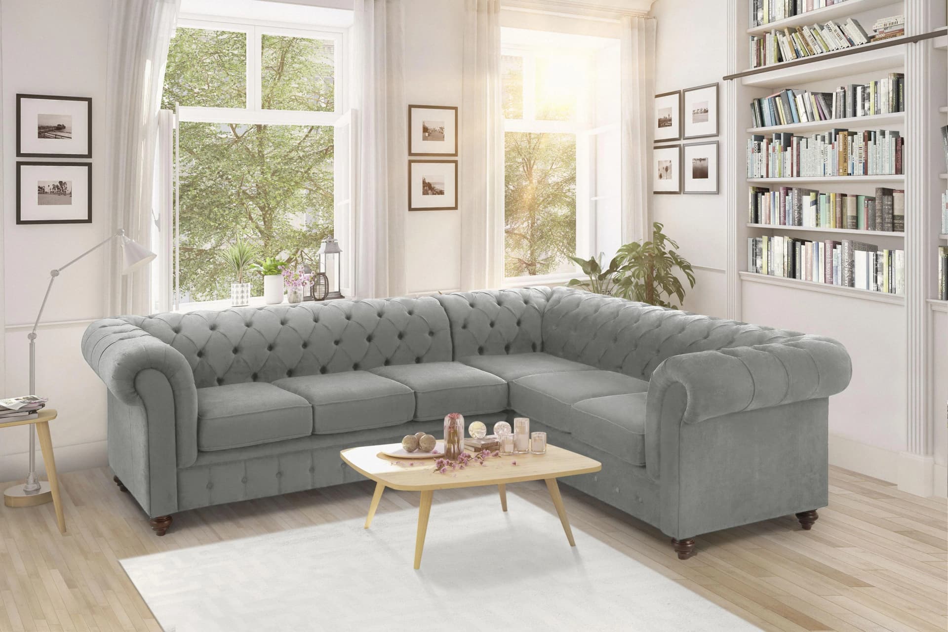 HOME AFFAIRE Duc Ecksofa L-Form Chesterfield hellgrau Samtoptik