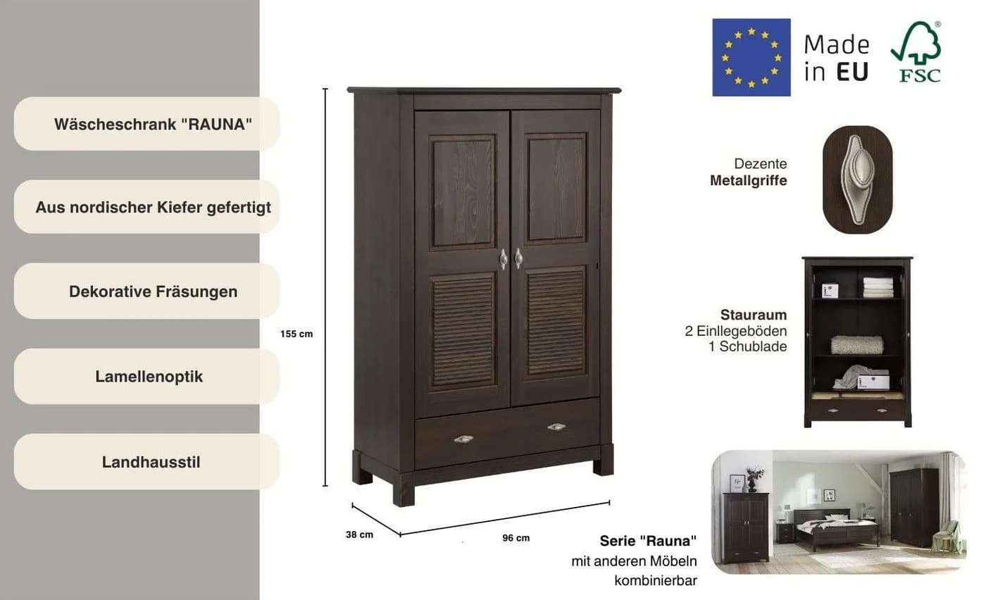 OTTO HOME Wäscheschrank Rauna Massivholz Kiefer Dunkelbraun - Bild 3