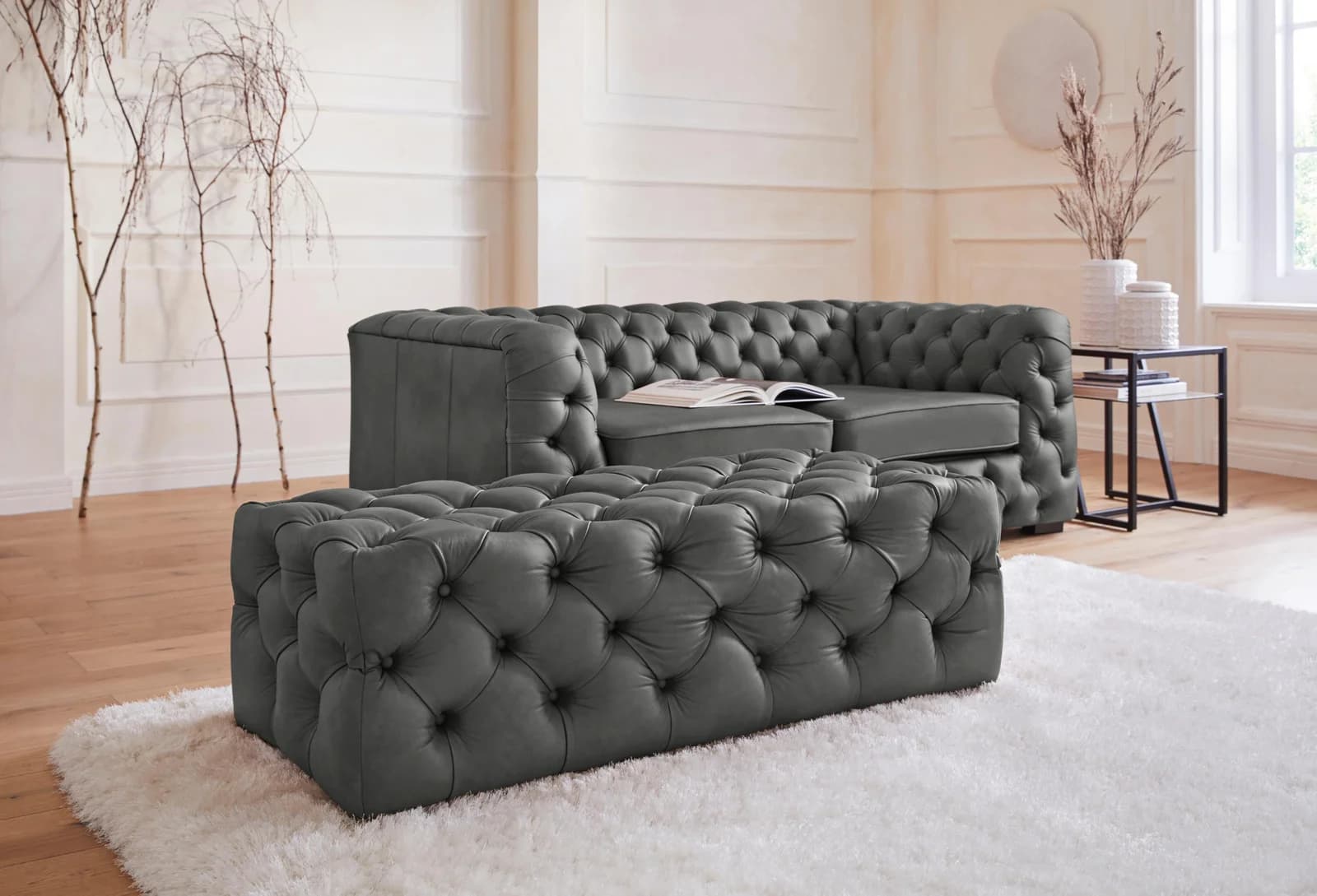 HOME AFFAIRE Polsterhocker Kalina grau Chesterfield Optik