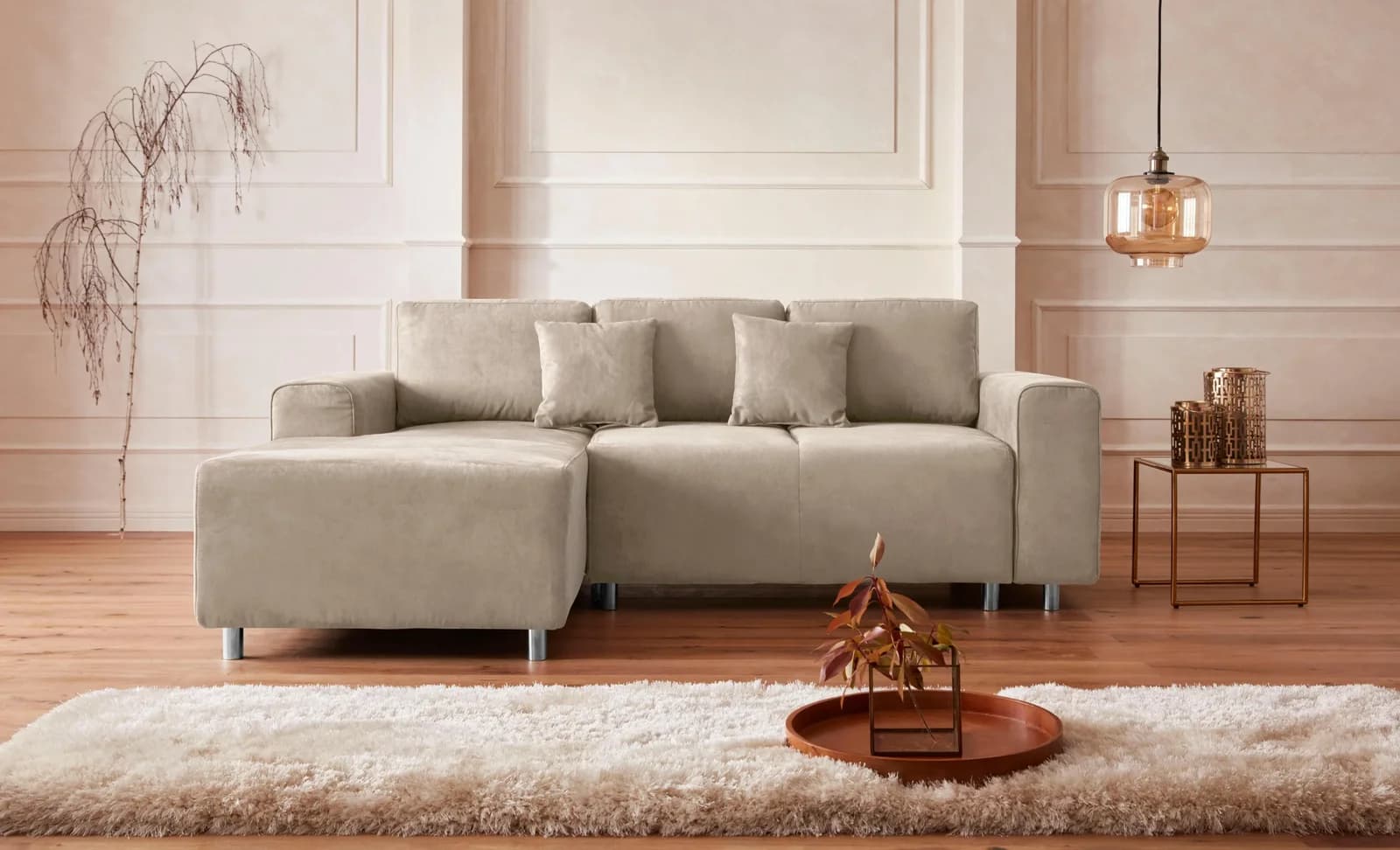 HOME AFFAIRE Ecksofa Györ Beige Microfaser L-Form mit Recamiere