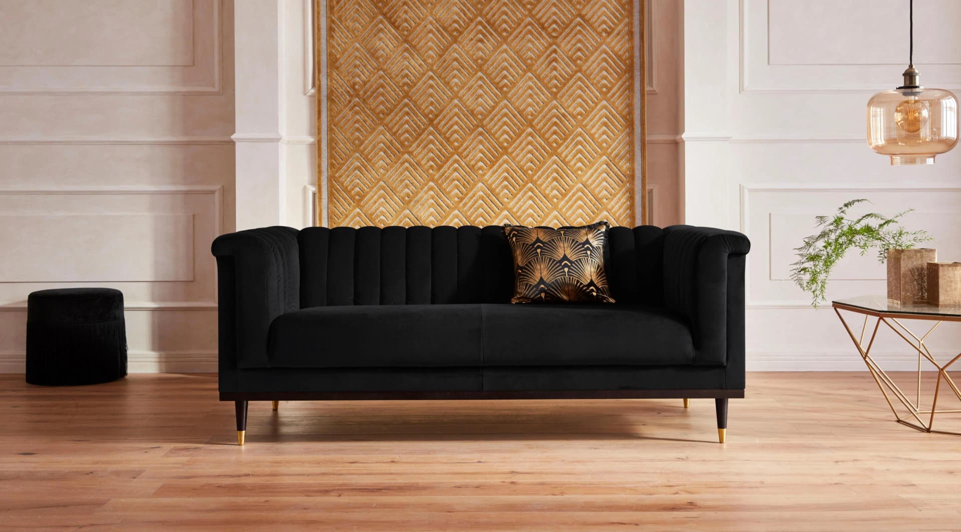 HOME AFFAIRE Chamby 2-Sitzer Sofa Schwarz Samtoptik