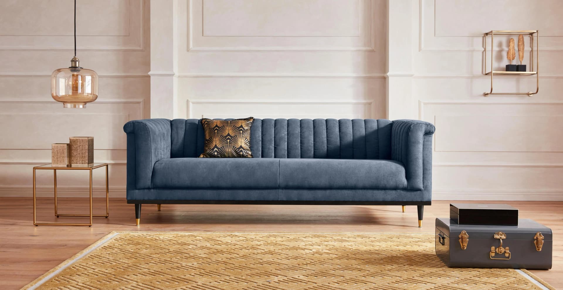 HOME AFFAIRE Chamby 3-Sitzer Sofa Dunkelblau Microfaser Lederoptik