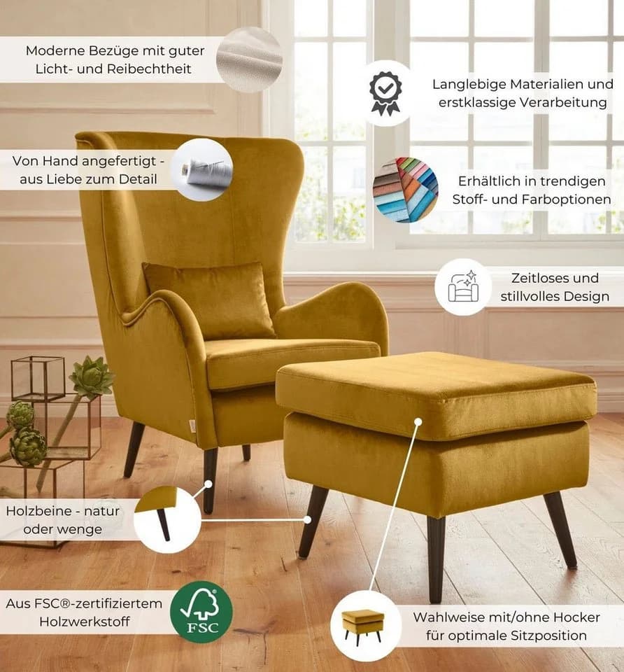 HOME AFFAIRE Sessel Salla Ohrensessel Lila Samtoptik - Bild 3