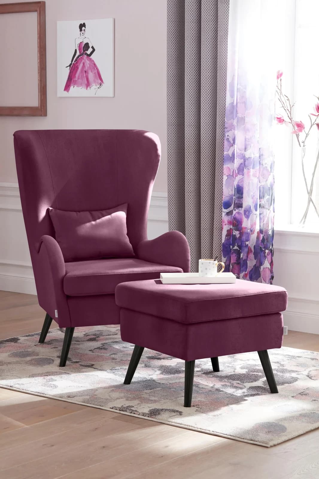 HOME AFFAIRE Sessel Salla Ohrensessel Aubergine Samtoptik mit Hocker