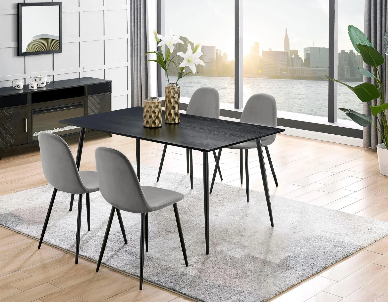 OTTO HOME Essgruppe Eadwine Tisch + 4 Stühle Grau/Schwarz