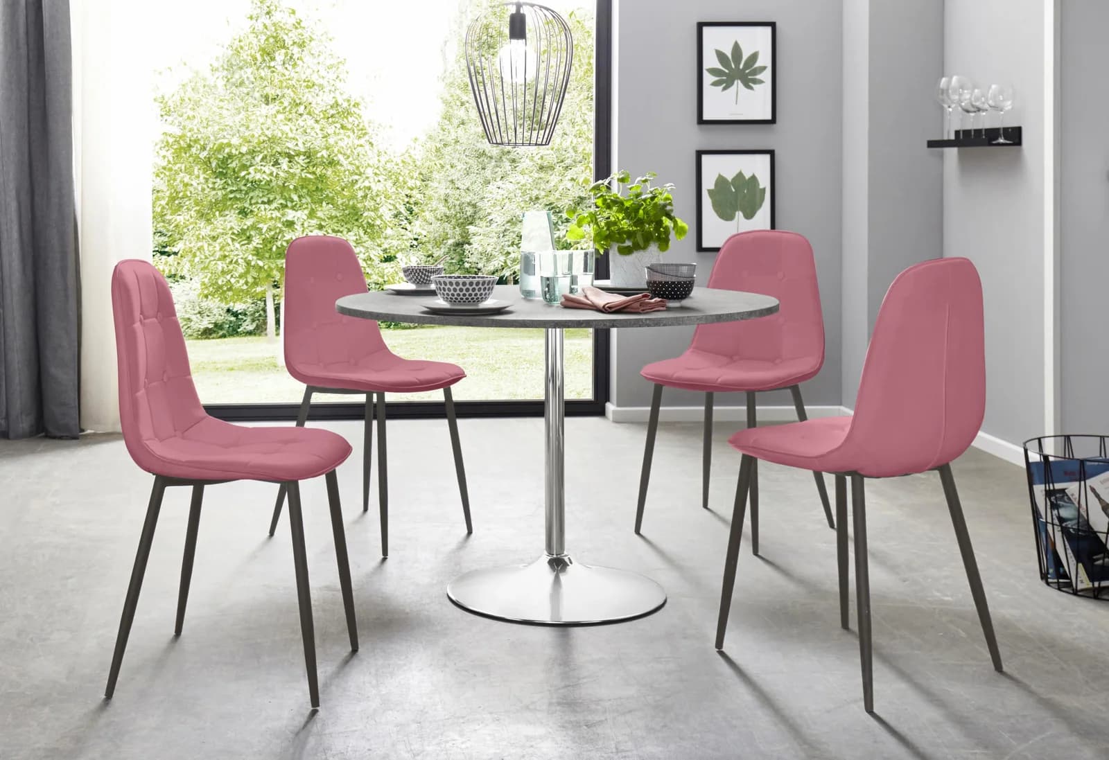 Essgruppe INOSIGN Rosa Zement-Optik mit rundem Tisch und 4 Stühlen