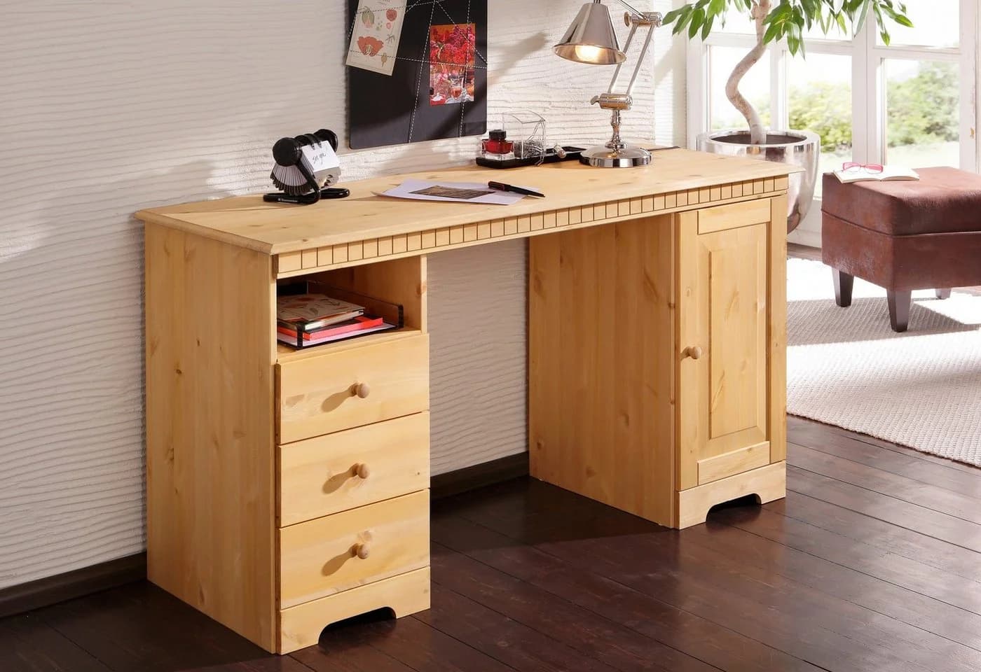 HOME AFFAIRE Schreibtisch Lisa Beige Massivholz mit Schubkästen - Bild 2