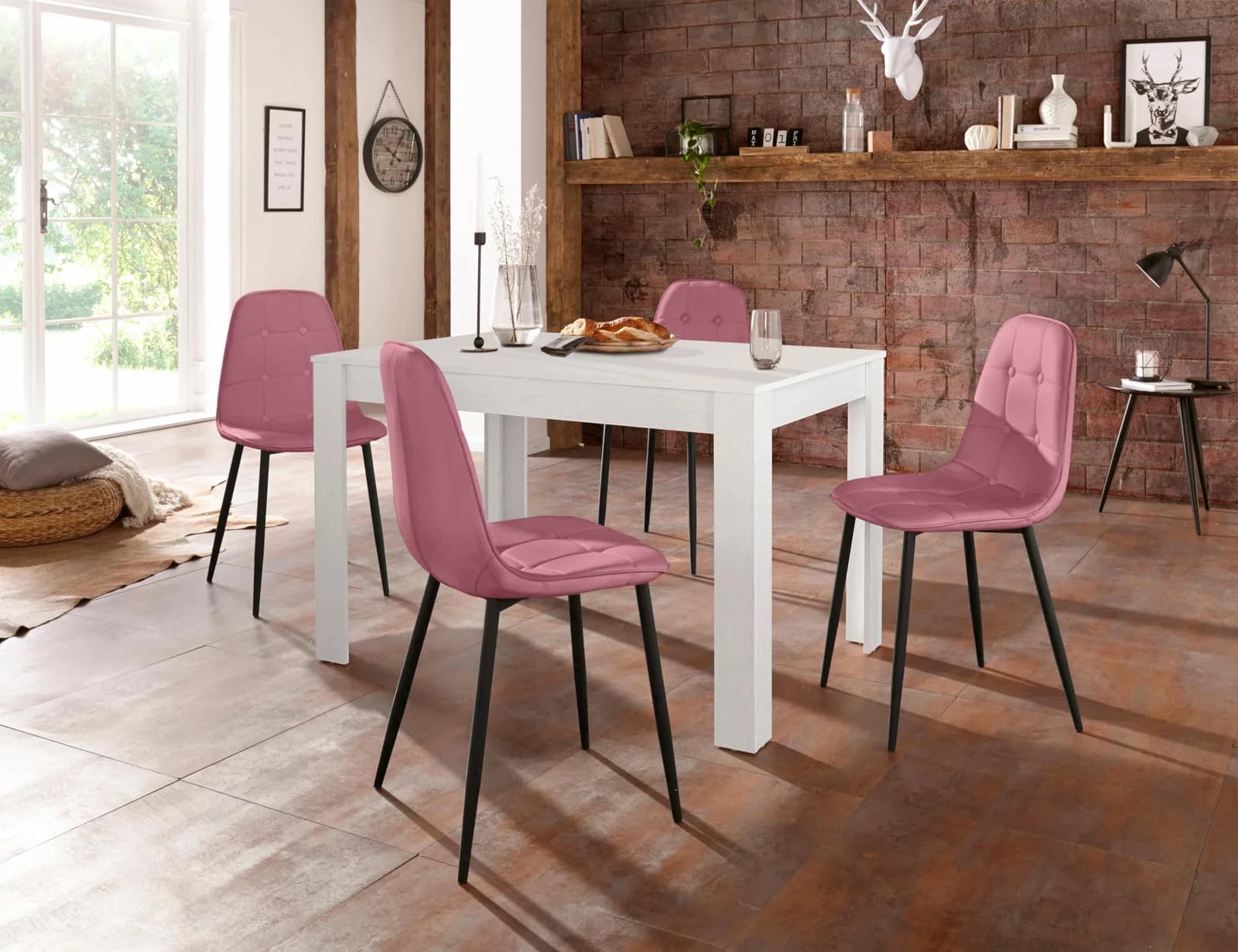 OTTO HOME Essgruppe Rosa Weiß 120cm mit 4 Stühlen