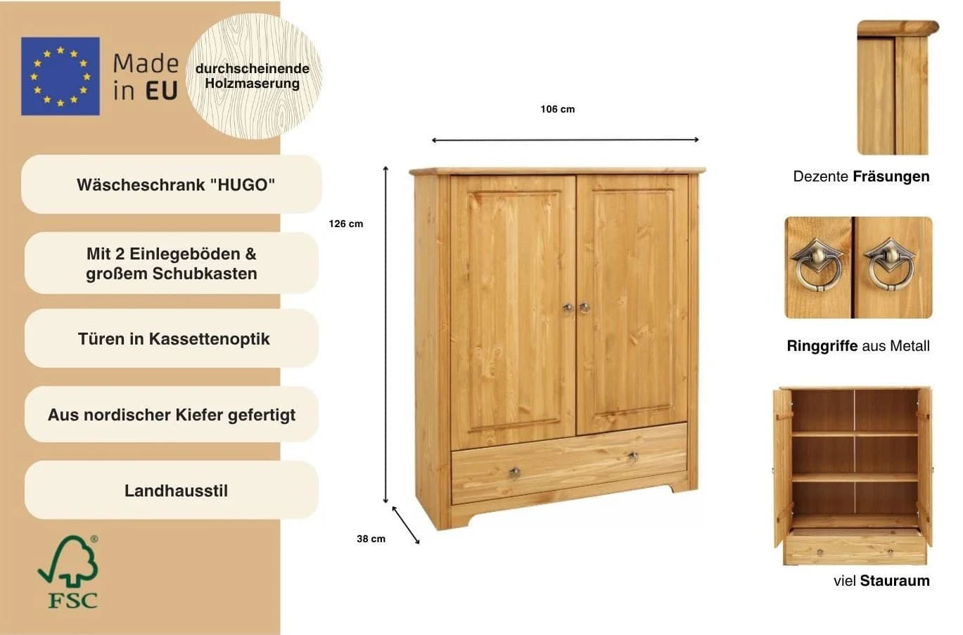 OTTO HOME Wäscheschrank Hugo Massivholz Landhausstil Beige - Bild 3
