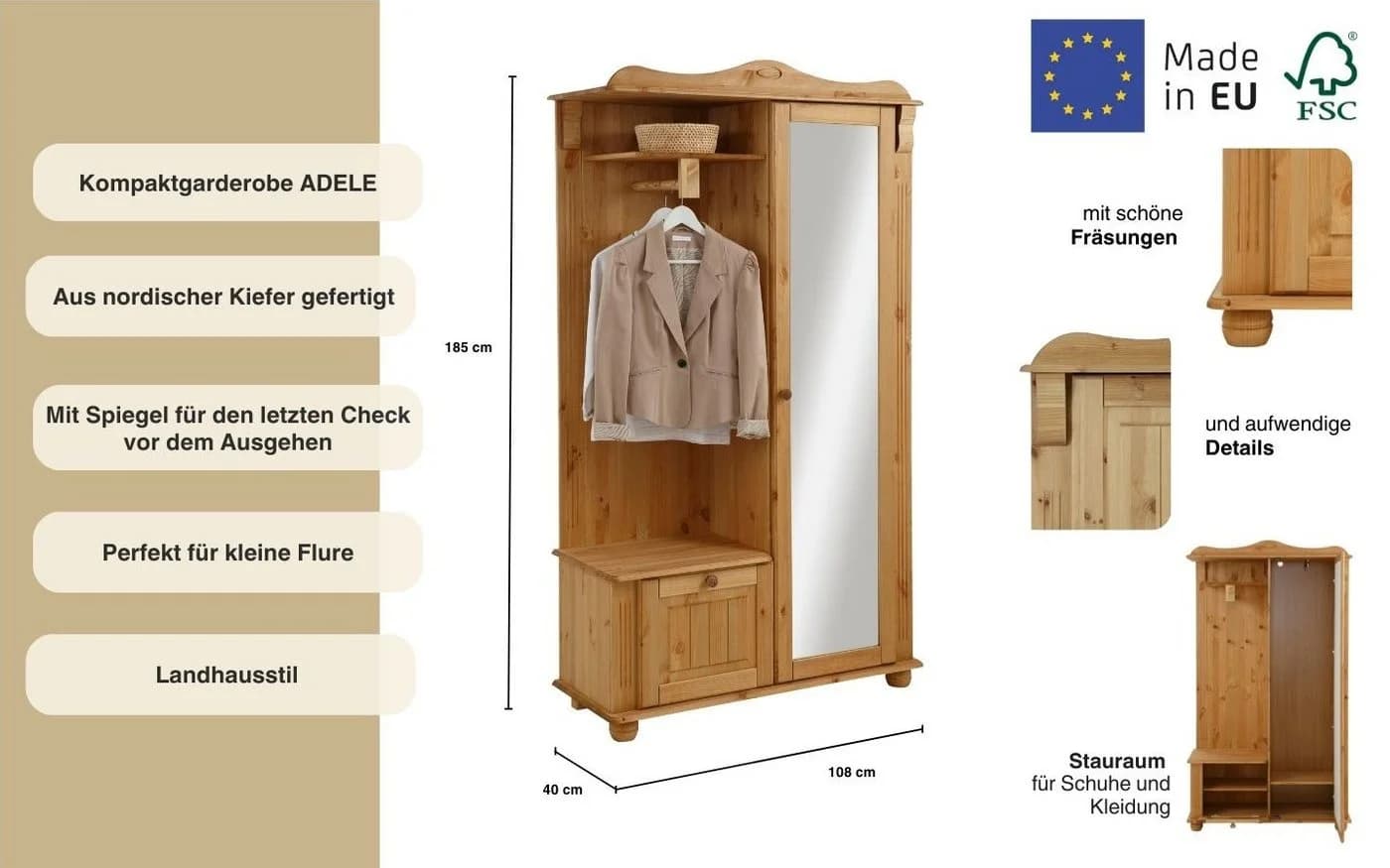 OTTO HOME Adele Kompaktgarderobe Beige Natur Massivholz Kiefer - Bild 3
