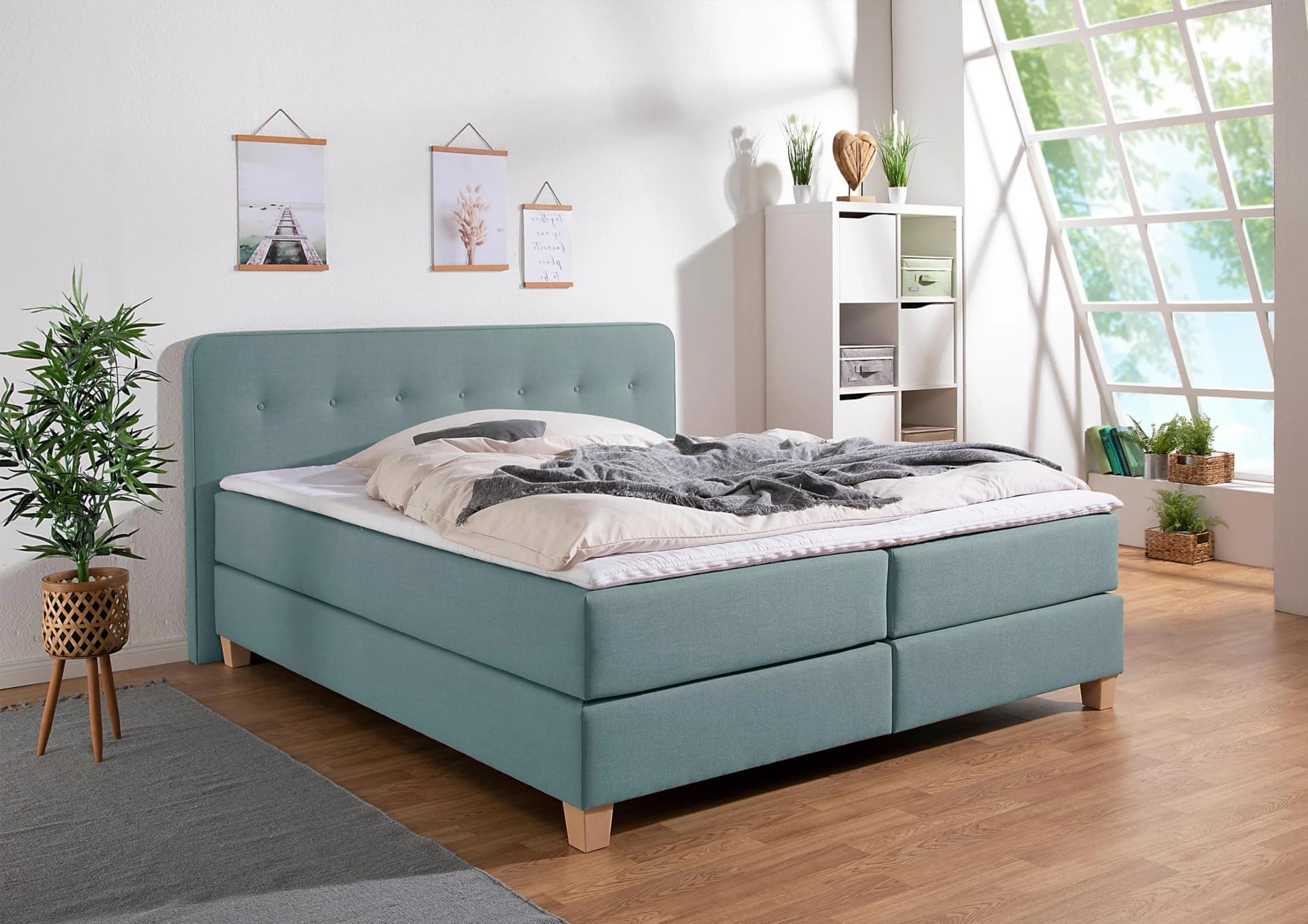 HOME AFFAIRE Boxspringbett Fargo Blau Samtstoff mit Topper