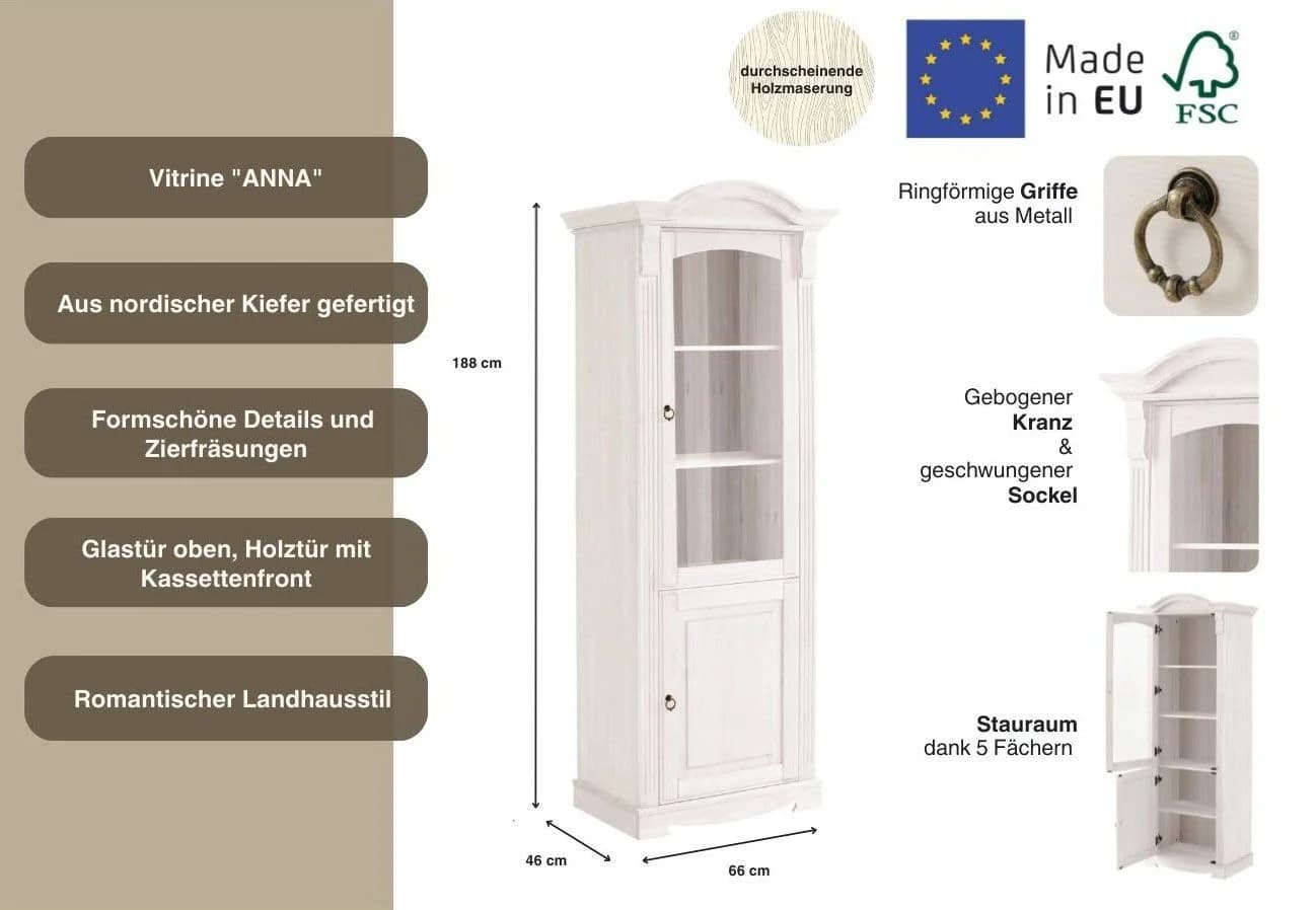 OTTO HOME Vitrine Anna Weiß Massivholz Glastür 2 Schubladen - Bild 3