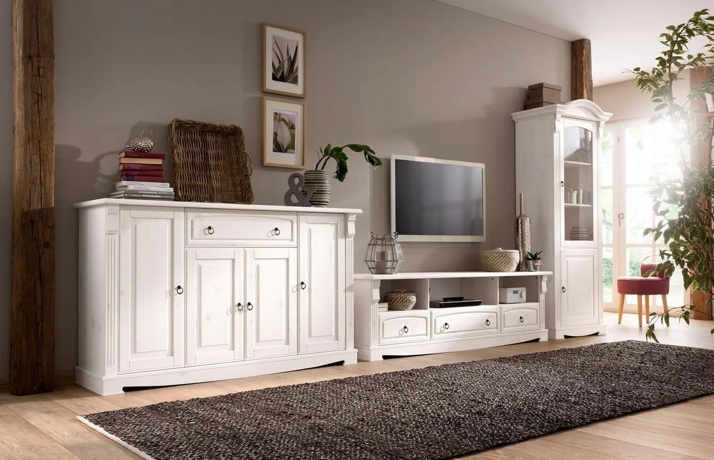 OTTO HOME Vitrine Anna Weiß Massivholz Glastür 2 Schubladen - Bild 5