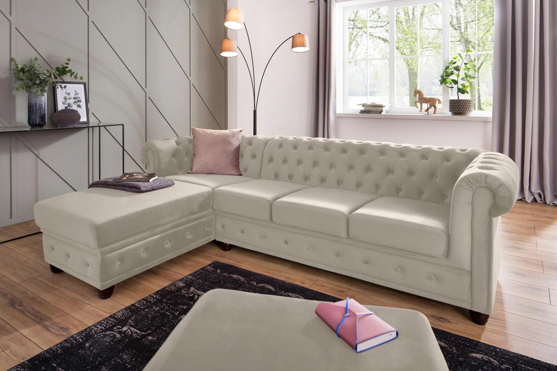 HOME AFFAIRE Chesterfield-Sofa New Castle L-Form Beige Samtoptik
