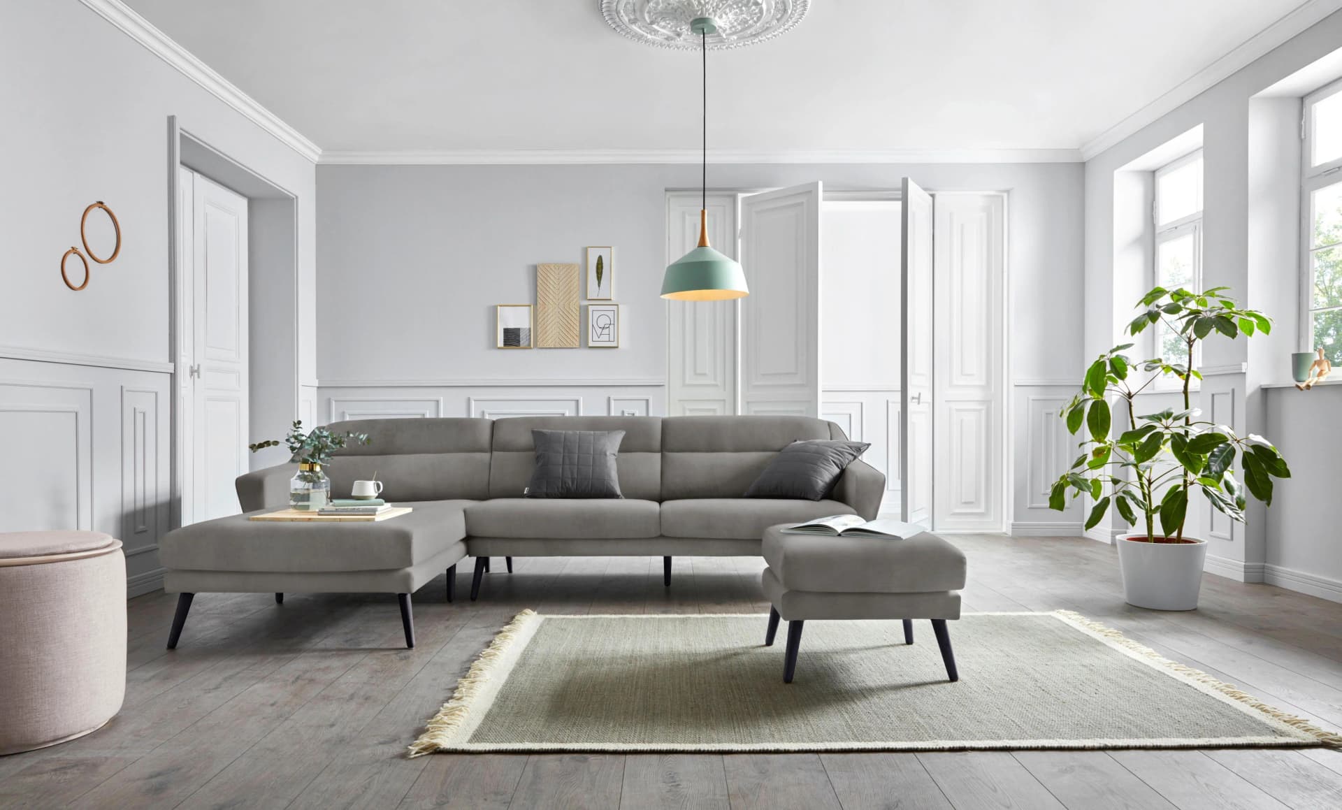 OTTO HOME Ecksofa Bille L-Form Grau Samtoptik mit Eichenholz-Füßen