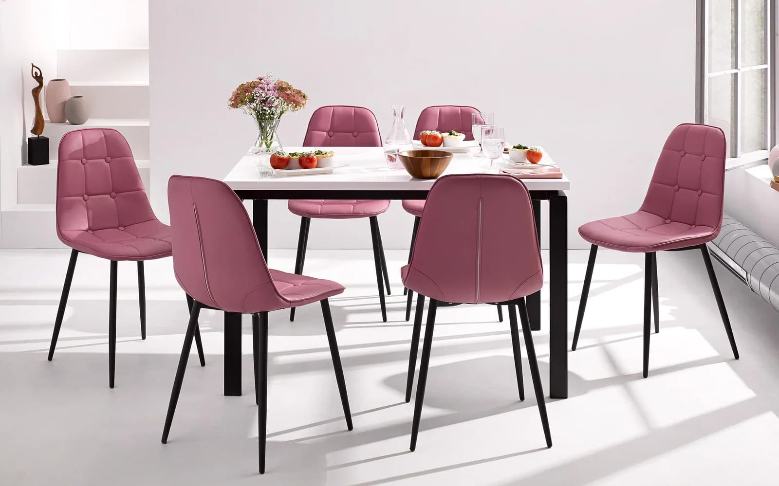 OTTO HOME Essgruppe Rosa Weiß Hochglanz 120cm mit 4 Stühlen Kunstleder