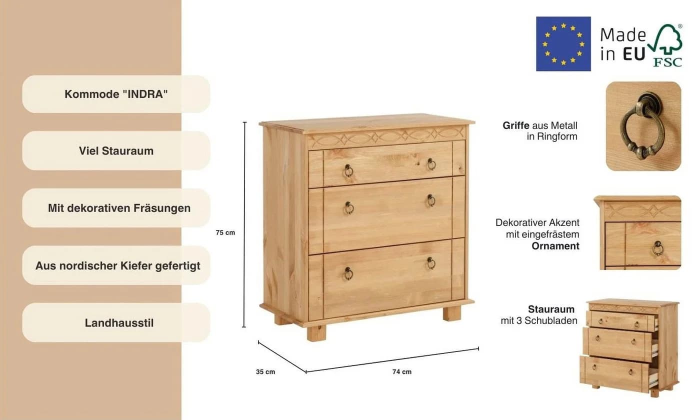 OTTO HOME Kommode Indra Massivholz Kiefer Beige 3 Schubladen - Bild 3