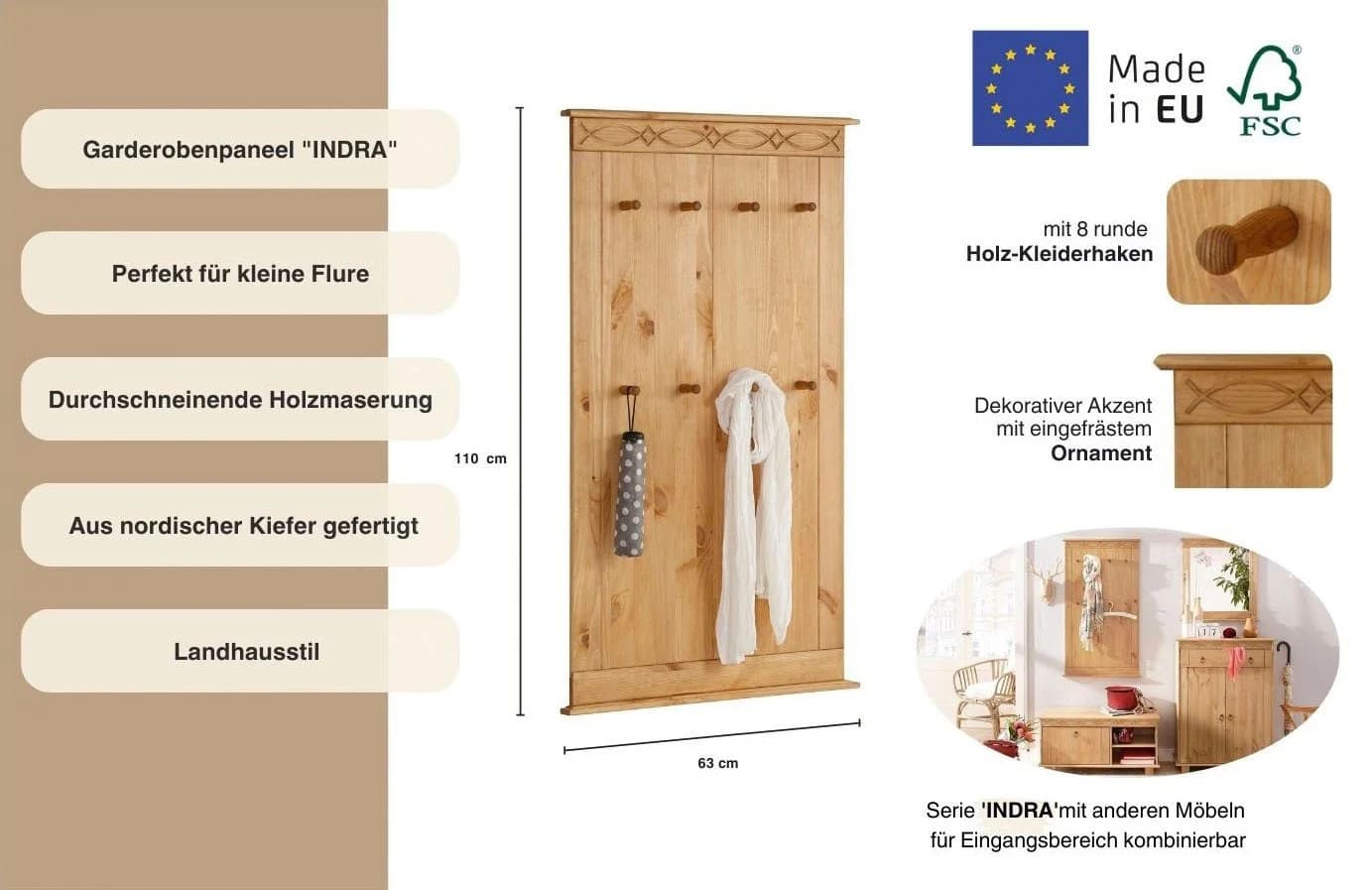 OTTO HOME Indra Garderobenpaneel Beige Natur Massivholz 8 Haken - Bild 3