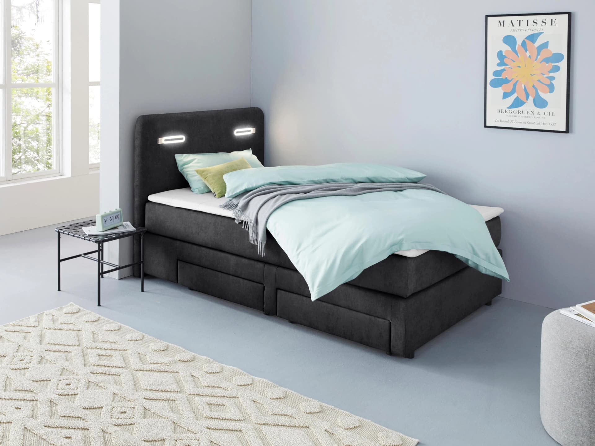 HOME AFFAIRE Luan Boxbett Schwarz mit LED und Schubkästen