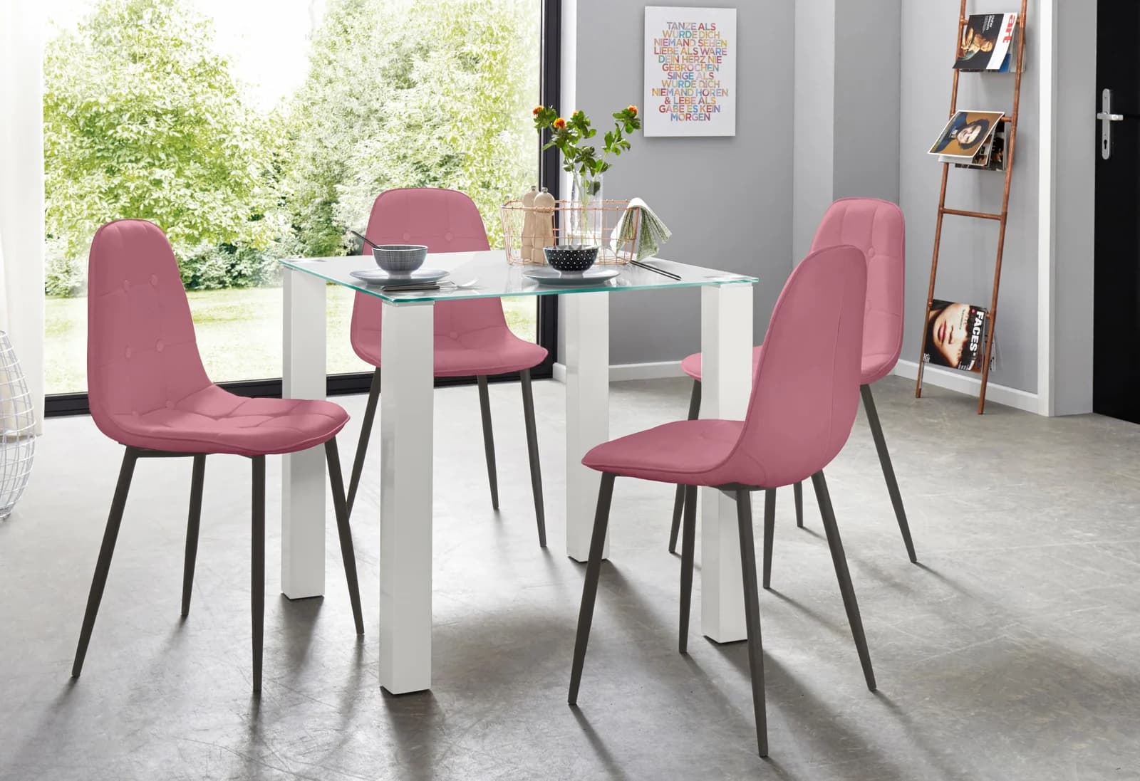 INOSIGN Essgruppe mit Glastisch Rosa/Weiß 4-tlg. Gepolsterte Stühle