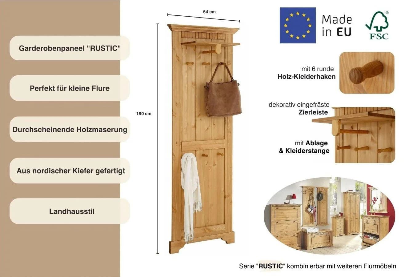 OTTO HOME Garderobenpaneel Rustic Natur Kiefer 190 cm - Bild 3