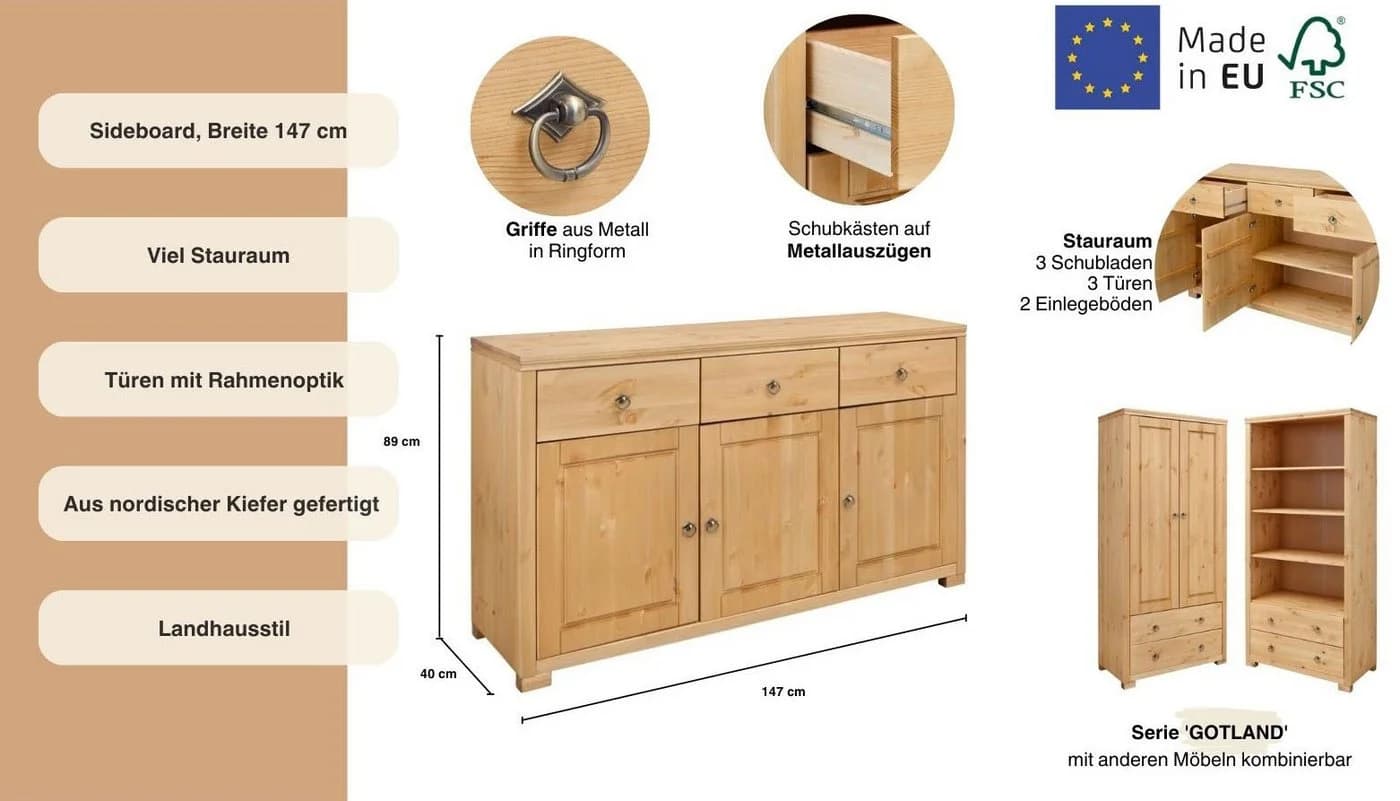 OTTO HOME Sideboard Gotland Beige Massivholz Landhausstil - Bild 3