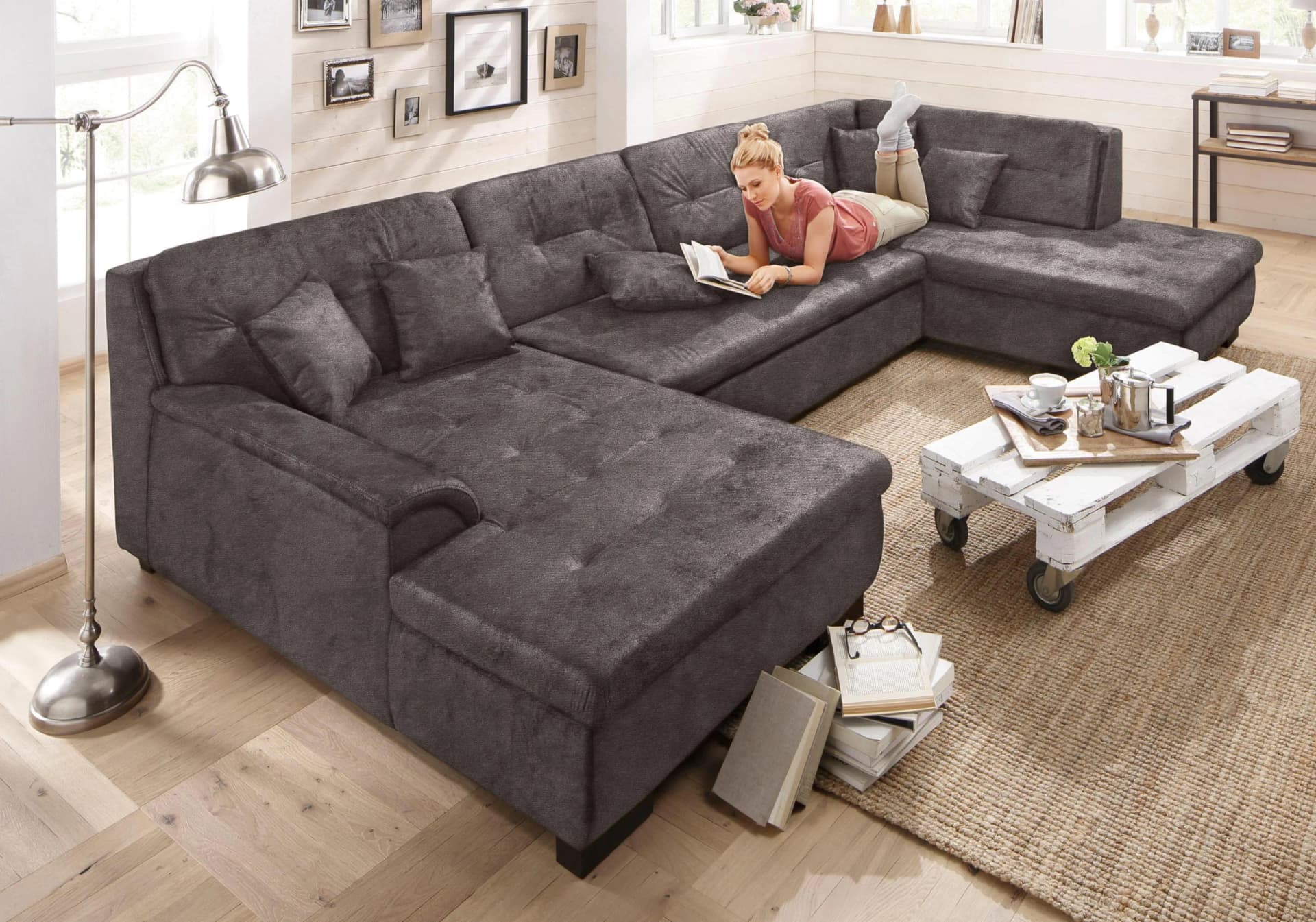 Home Affaire Wohnlandschaft Bergen Grau U-Form mit Bettfunktion