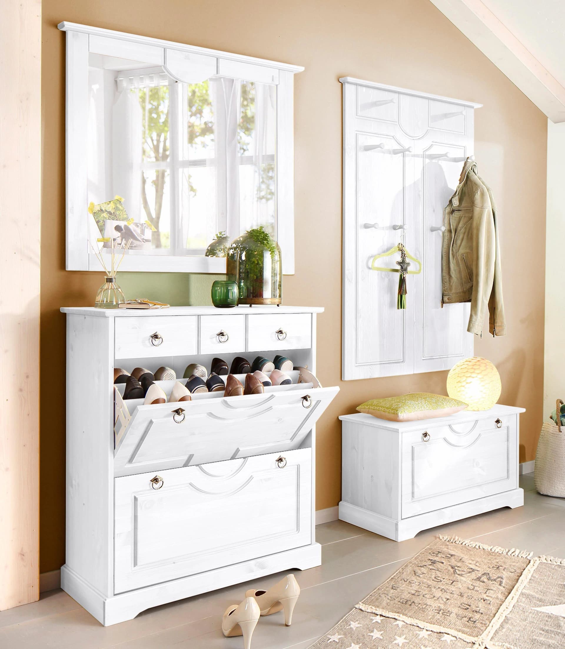 Garderoben-Set Klera 4-teilig Weiß Massivholz Landhausstil
