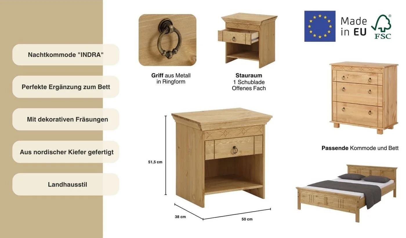 Nachtkommode OTTO HOME Indra Beige Natur Massivholz Kiefer - Bild 3