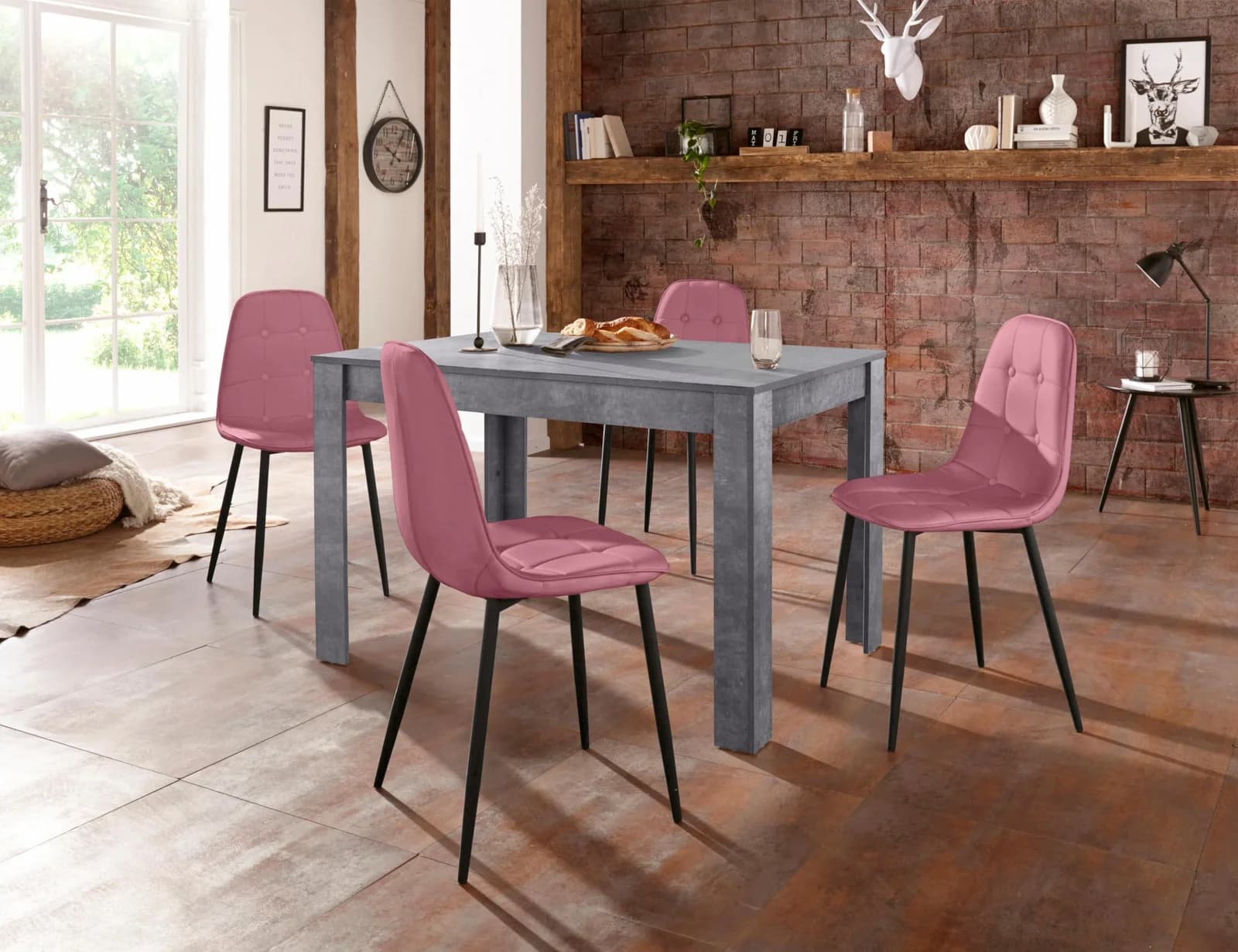 OTTO HOME Essgruppe 120cm Rosa Grau mit gepolsterten Stühlen