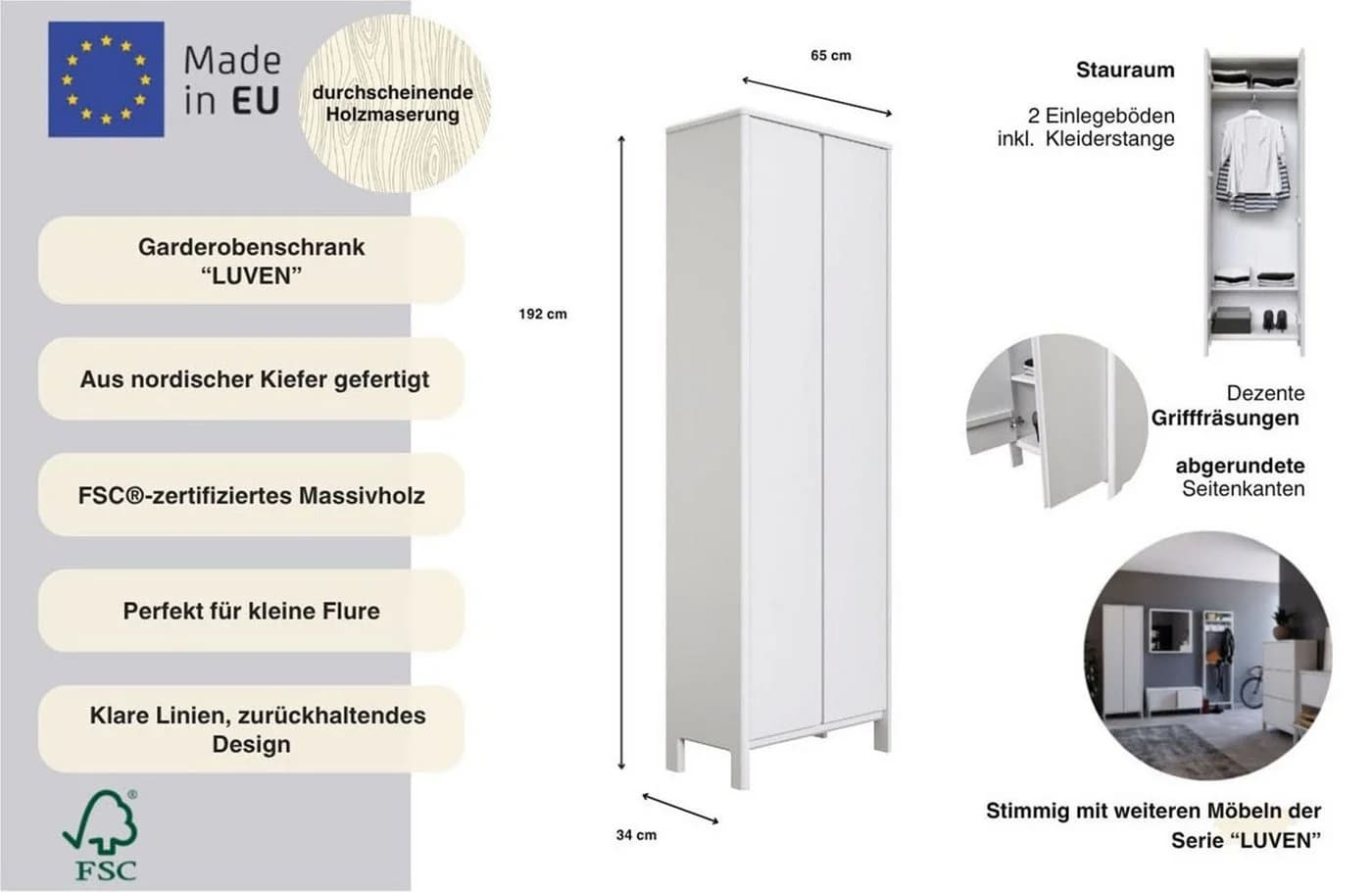 Garderobenschrank Luven Weiß Massivholz 2 Türen - Bild 3