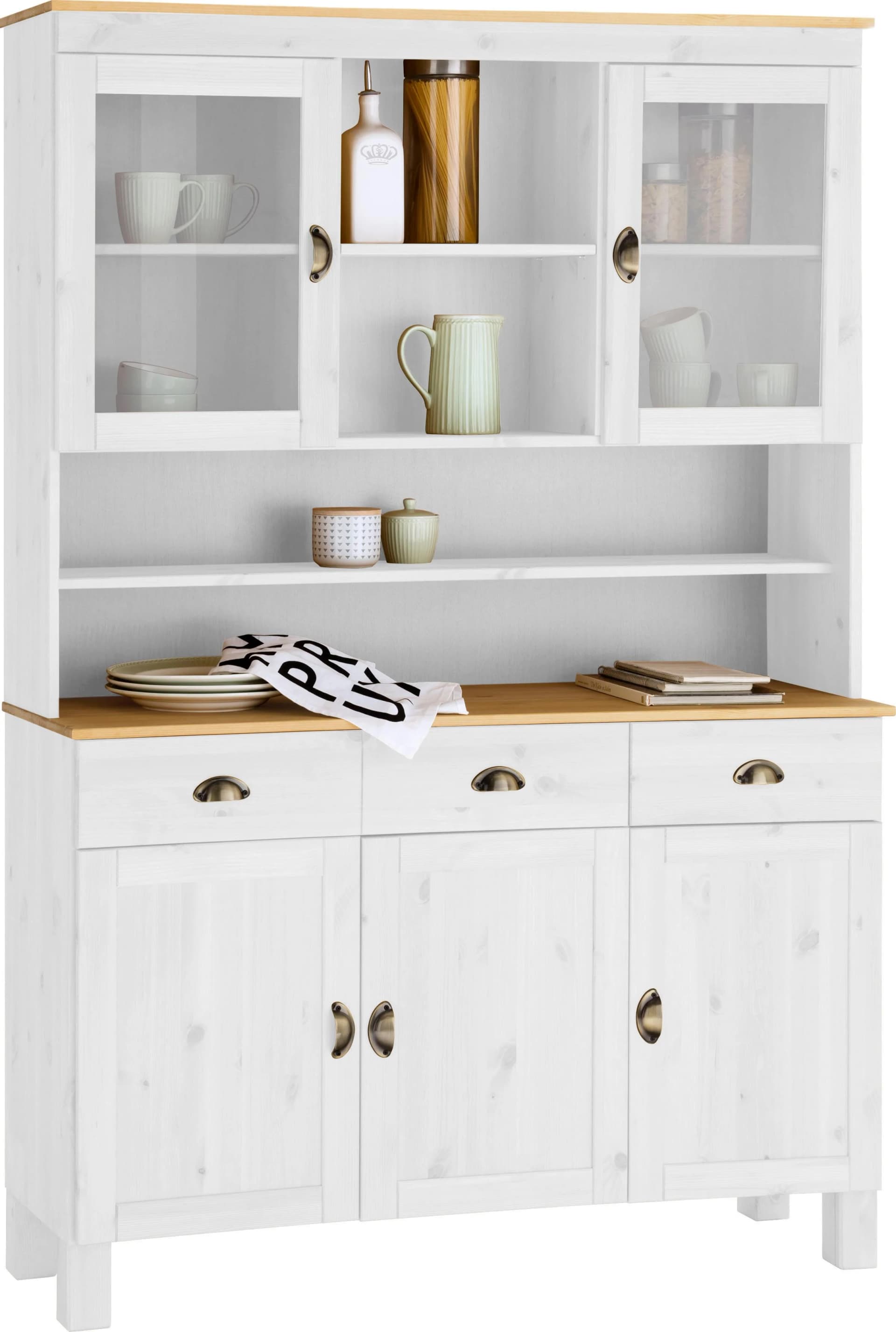 HOME AFFAIRE Oslo Küchenbuffet Massivholz Beige/Gelb mit Glastüren