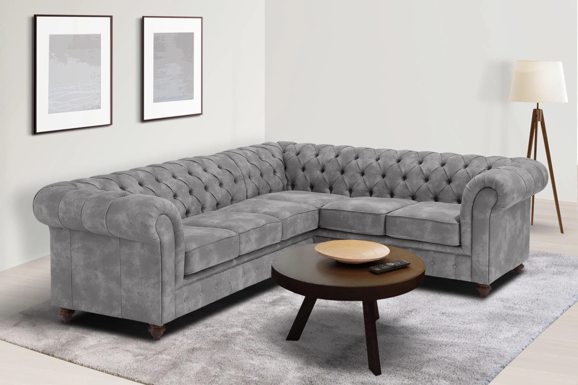 HOME AFFAIRE Chesterfield Ecksofa Grau Microfaser Lederoptik