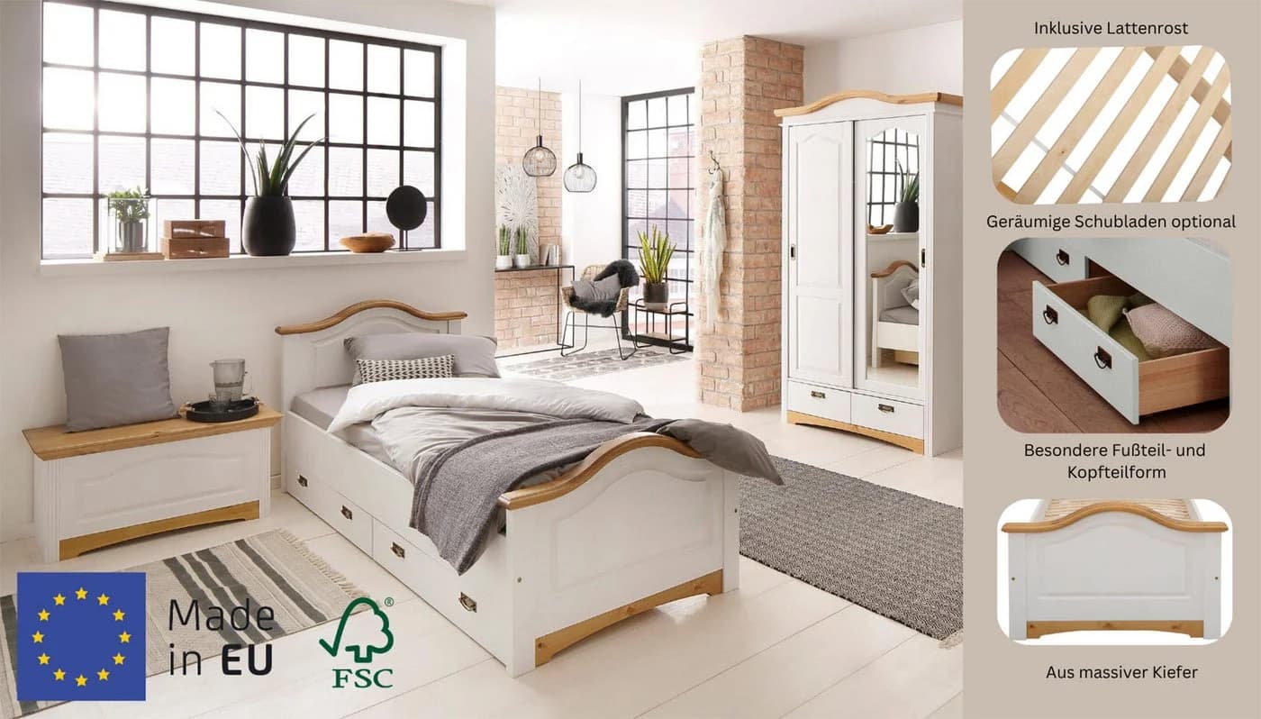 OTTO HOME Konrad Massivholzbett Weiß Honig Landhausstil Stauraum - Bild 3