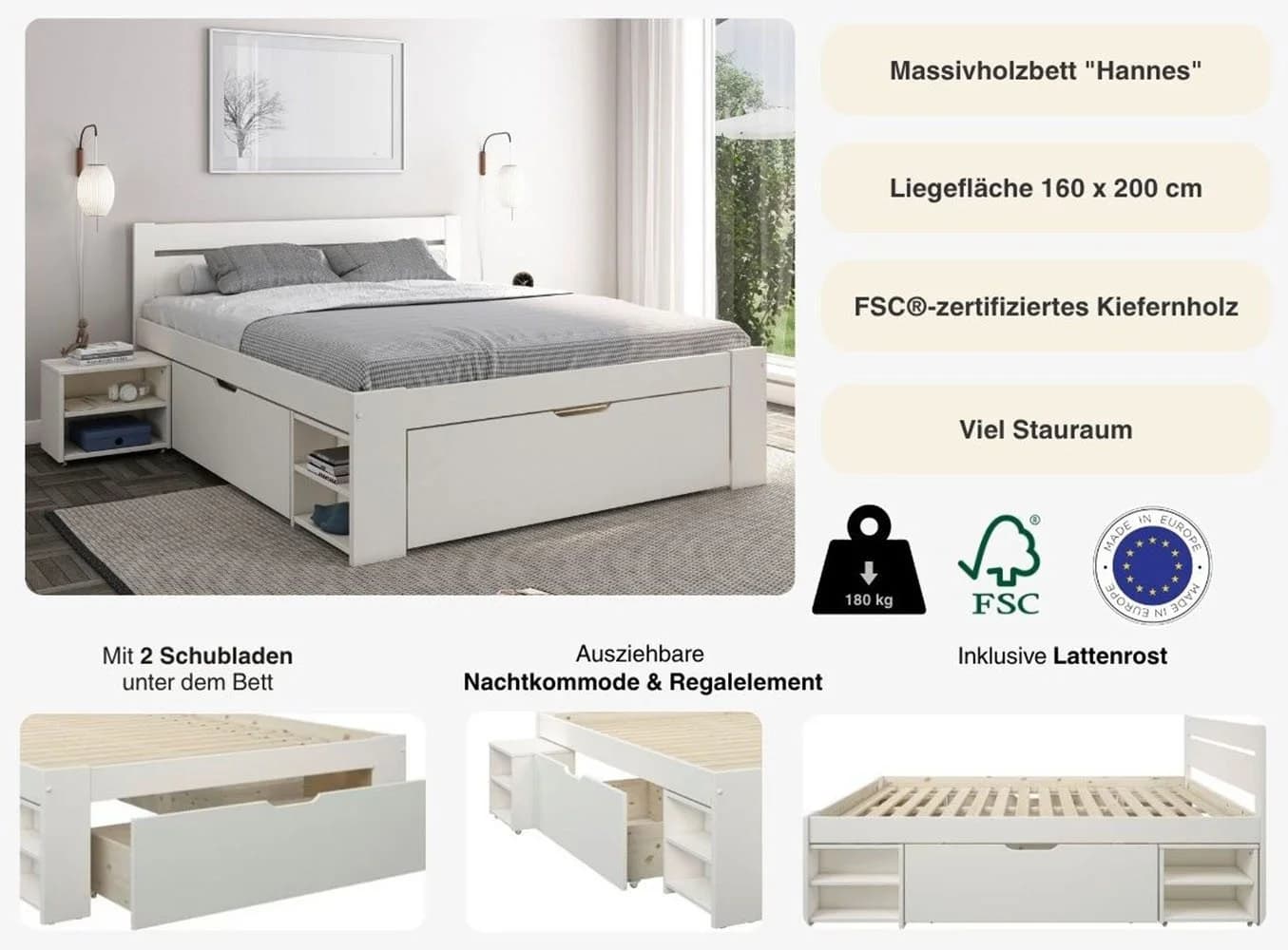 OTTO HOME Hannes Massivholzbett Weiß mit Schubladen und Regalen - Bild 3