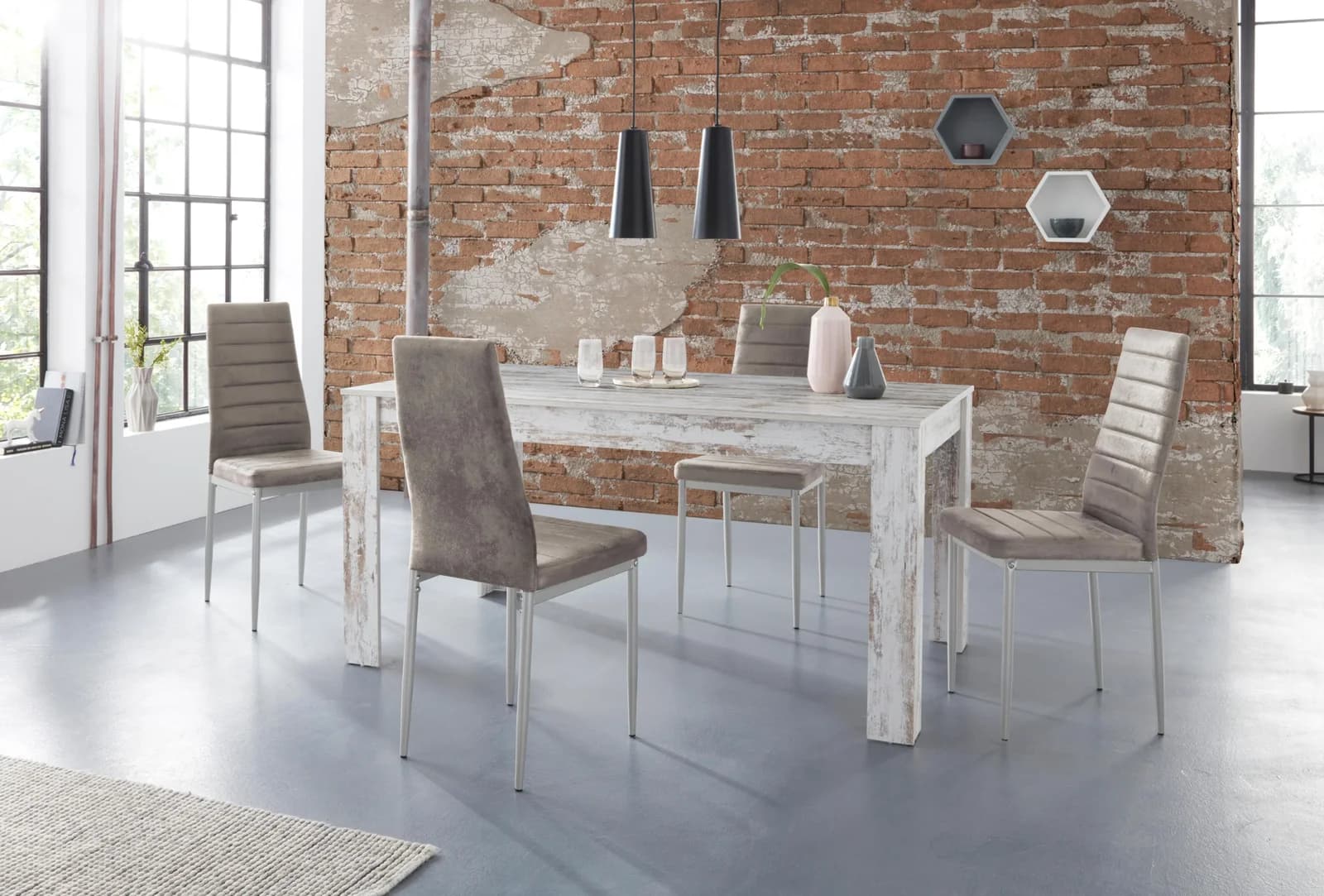 OTTO HOME Essgruppe Lynn160/Kate Weiß/Grau Tisch mit 4 Stühlen