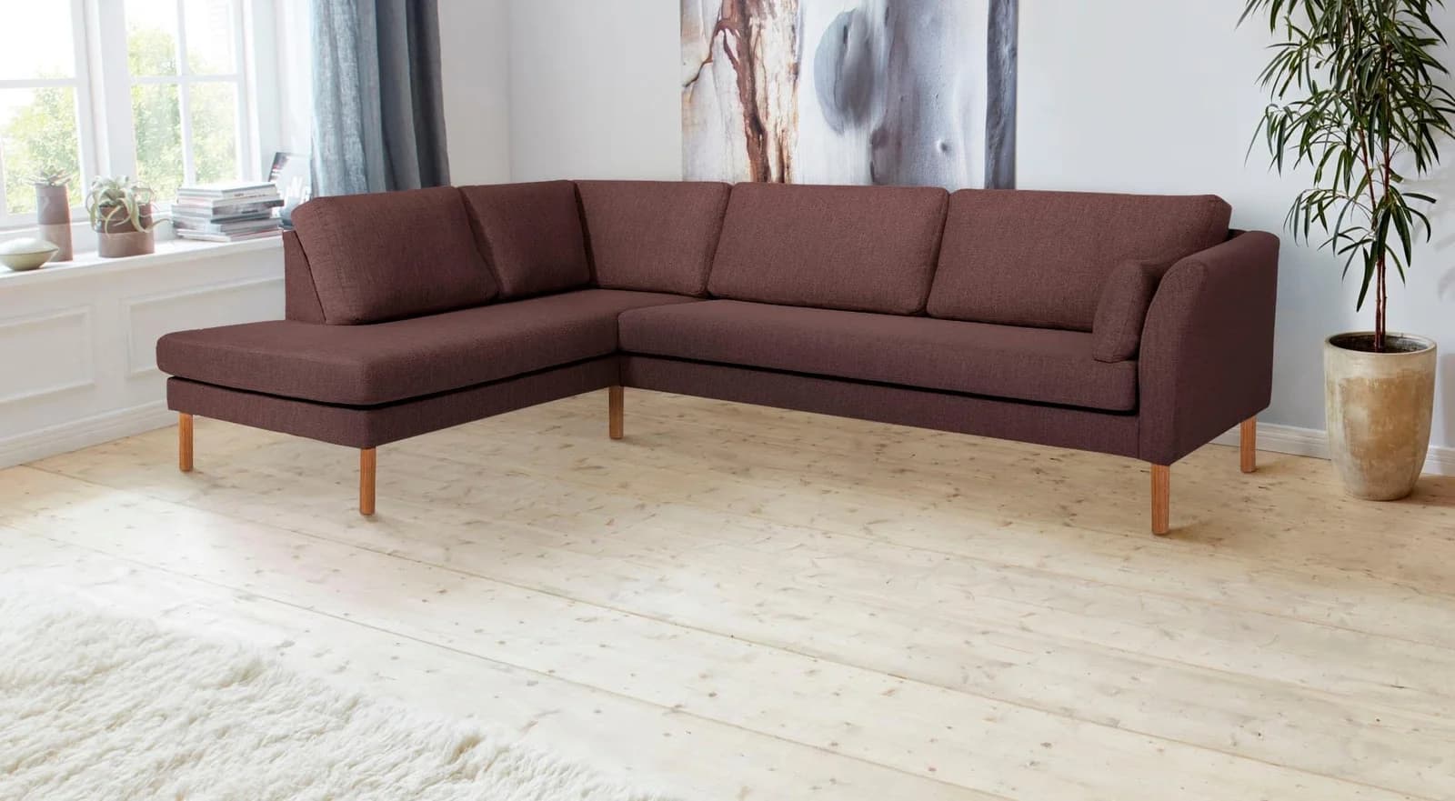 Ecksofa ANDAS Grenzda L-Form Braun mit Holzfüßen