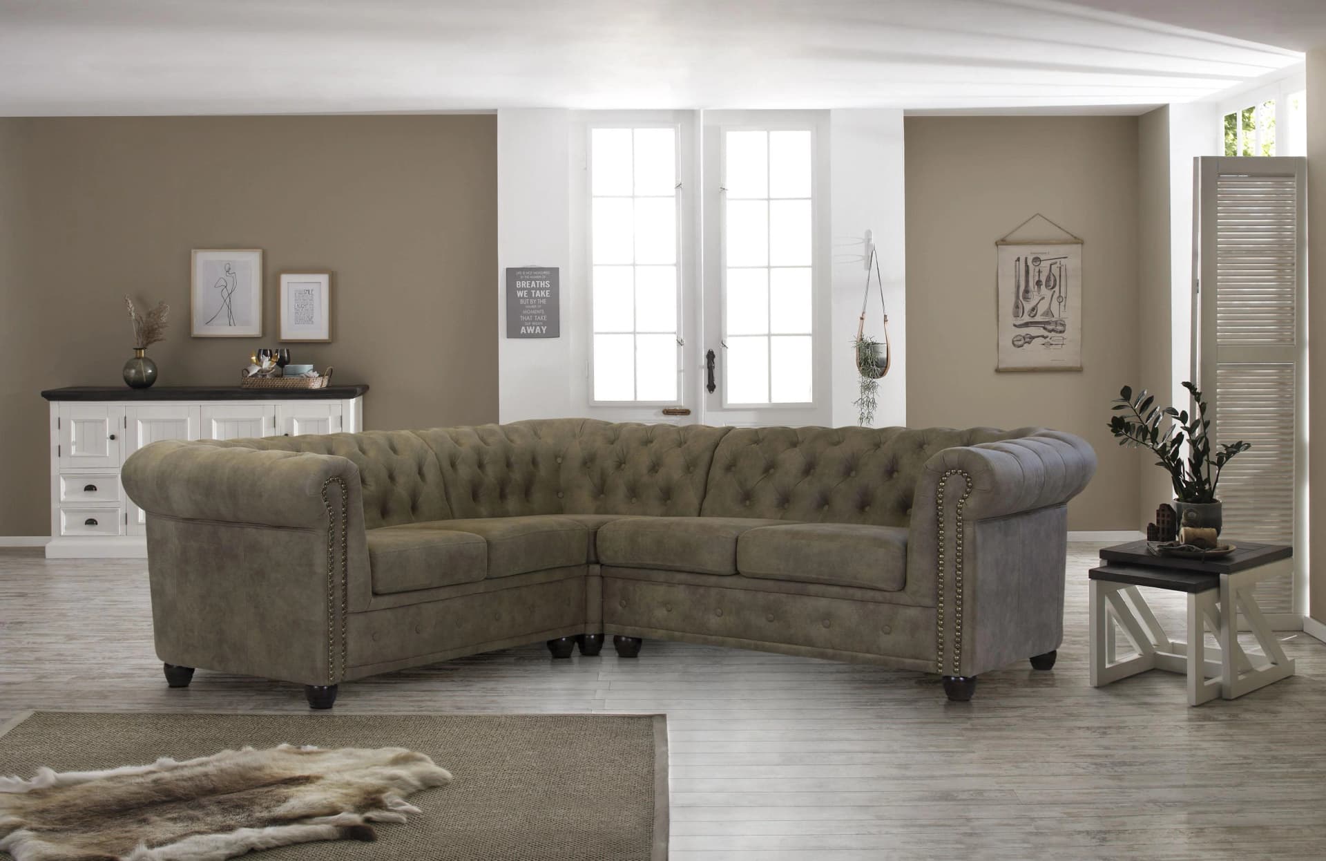 HOME AFFAIRE Chesterfield-Sofa Rysum L-Form Grau Microfaser Lederoptik