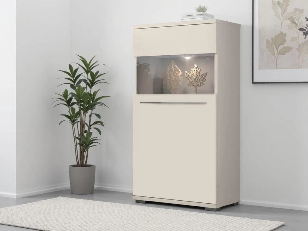 OTTO HOME Highboard Piano Vitrine Beige Hochglanz Soft-Close
