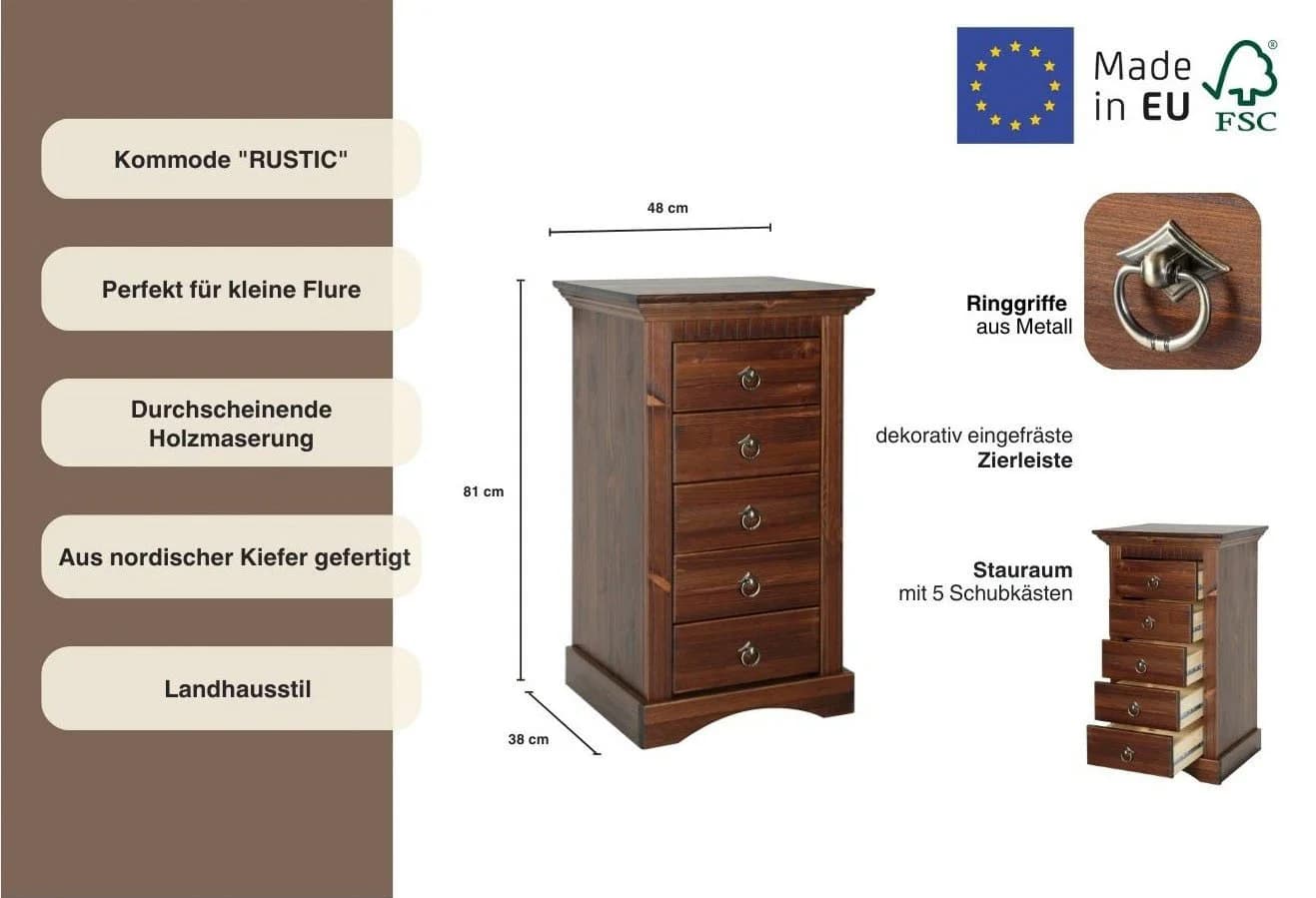 Kommode OTTO HOME Rustic Massivholz Braun 5 Schubladen - Bild 3