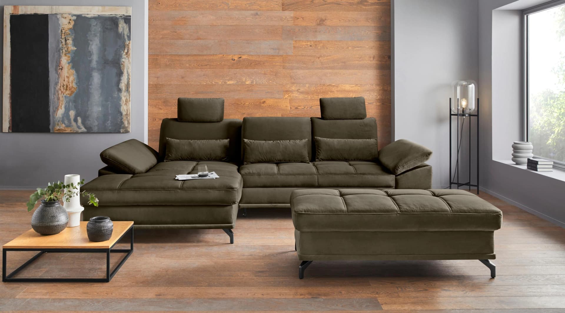 OTTO HOME Costello Ecksofa L-Form Oliv Samtoptik mit Sitztiefenverstellung