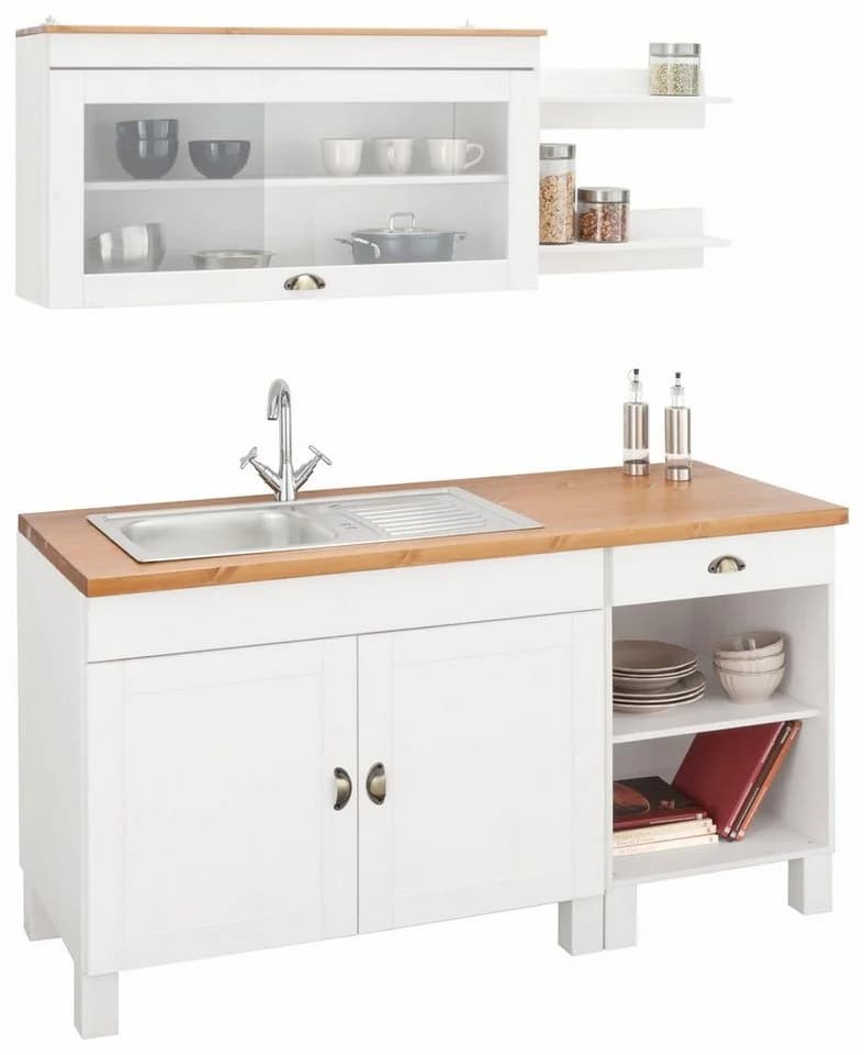 HOME AFFAIRE Oslo Pantryküche Weiß Massivholz mit Spüle - Bild 2